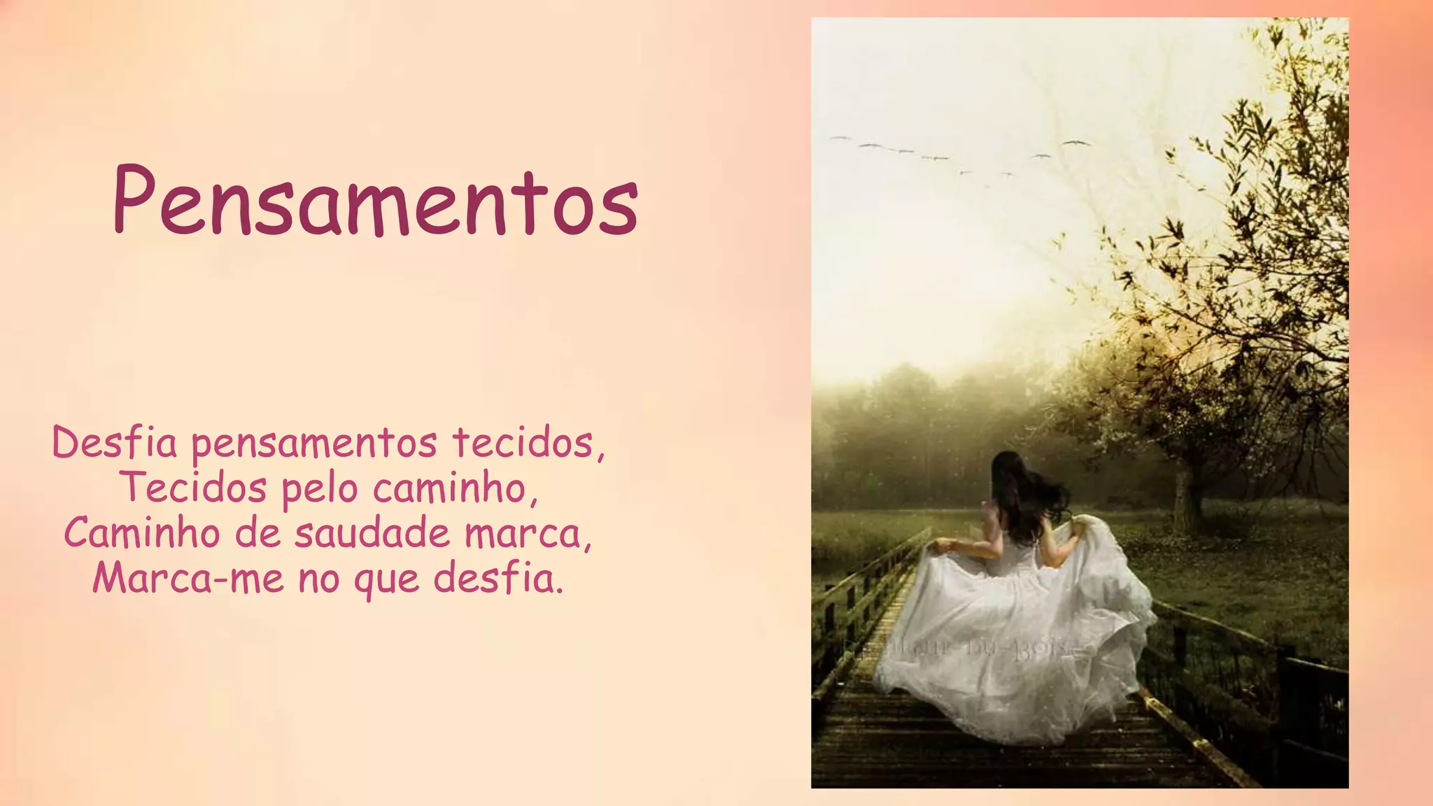 Pensamentos
Desfia pensamentos tecidos,
Tecidos pelo caminho,
Caminho de saudade marca,
Marca-me no que desfia.
 