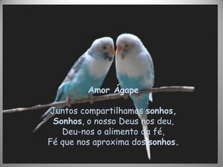 Amor Ágape
Juntos compartilhamos sonhos,
Sonhos, o nosso Deus nos deu,
Deu-nos o alimento da fé,
Fé que nos aproxima dos sonhos.
 