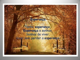 Esperança
Tenho esperança,
Esperança e sonhos,
Sonhos de viver,
Viver sem perder a esperança.
 