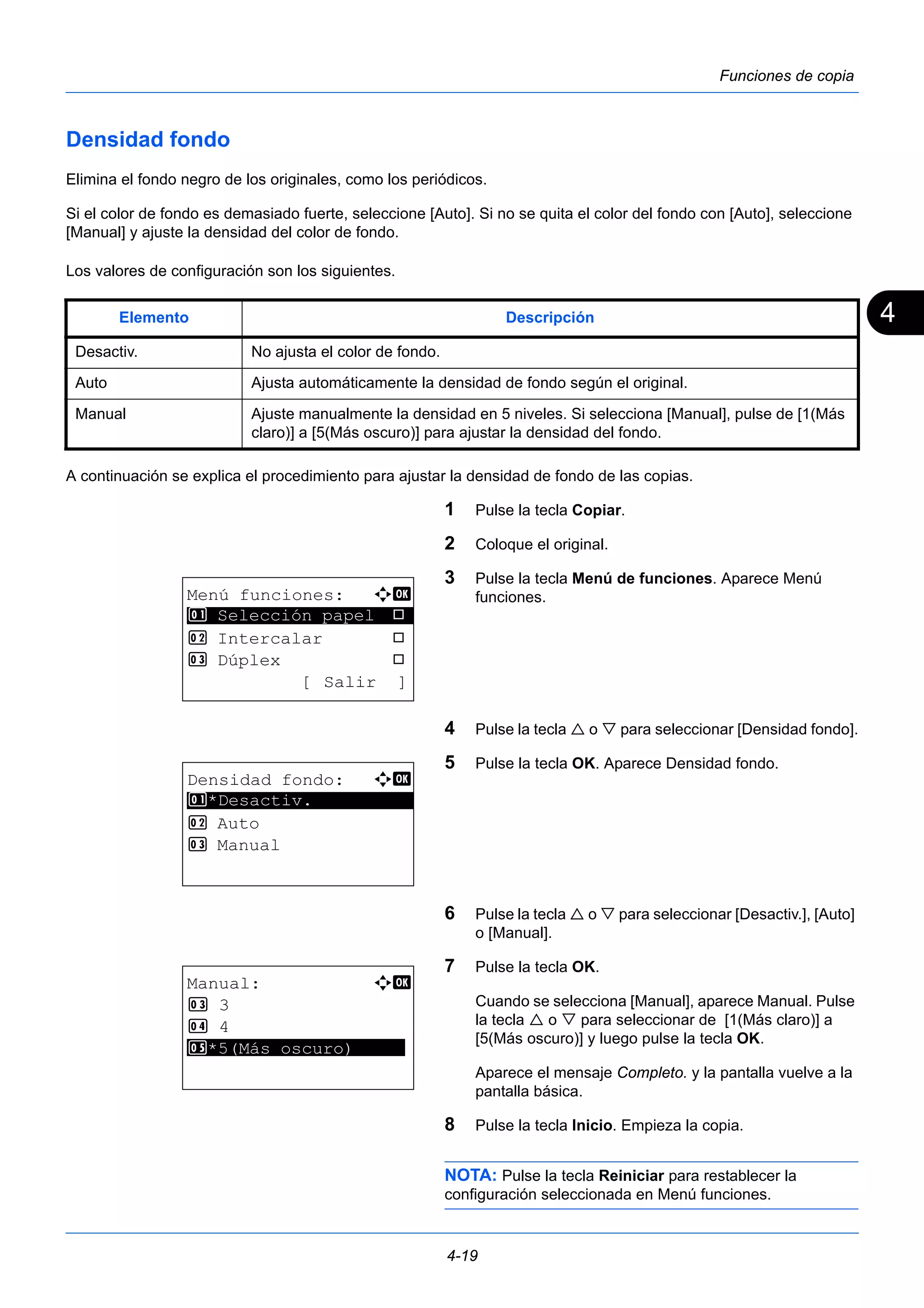 4 
Elemento Descripción 
Desactiv. No ajusta el color de fondo. 
Auto Ajusta automáticamente la densidad de fondo según el original. 
Manual Ajuste manualmente la densidad en 5 niveles. Si selecciona [Manual], pulse de [1(Más 
claro)] a [5(Más oscuro)] para ajustar la densidad del fondo. 
4-19 
Funciones de copia 
Densidad fondo 
Elimina el fondo negro de los originales, como los periódicos. 
Si el color de fondo es demasiado fuerte, seleccione [Auto]. Si no se quita el color del fondo con [Auto], seleccione 
[Manual] y ajuste la densidad del color de fondo. 
Los valores de configuración son los siguientes. 
A continuación se explica el procedimiento para ajustar la densidad de fondo de las copias. 
1 Pulse la tecla Copiar. 
2 Coloque el original. 
3 Pulse la tecla Menú de funciones. Aparece Menú 
funciones. 
4 Pulse la tecla  o  para seleccionar [Densidad fondo]. 
5 Pulse la tecla OK. Aparece Densidad fondo. 
6 Pulse la tecla  o  para seleccionar [Desactiv.], [Auto] 
o [Manual]. 
7 Pulse la tecla OK. 
Cuando se selecciona [Manual], aparece Manual. Pulse 
la tecla  o  para seleccionar de [1(Más claro)] a 
[5(Más oscuro)] y luego pulse la tecla OK. 
Aparece el mensaje Completo. y la pantalla vuelve a la 
pantalla básica. 
8 Pulse la tecla Inicio. Empieza la copia. 
NOTA: Pulse la tecla Reiniciar para restablecer la 
configuración seleccionada en Menú funciones. 
Menú funciones: a b 
********************* 
1 Selección papel T 
2 Intercalar T 
3 Dúplex T 
[ Salir ] 
Densidad fondo: a b 
1 ********************* 
*Desactiv. 
2 Auto 
3 Manual 
Manual: a b 
3 3 
4 4 
*5 ***5*(*M**á*s* *o*s*c*u*r*o*)***** 
 
