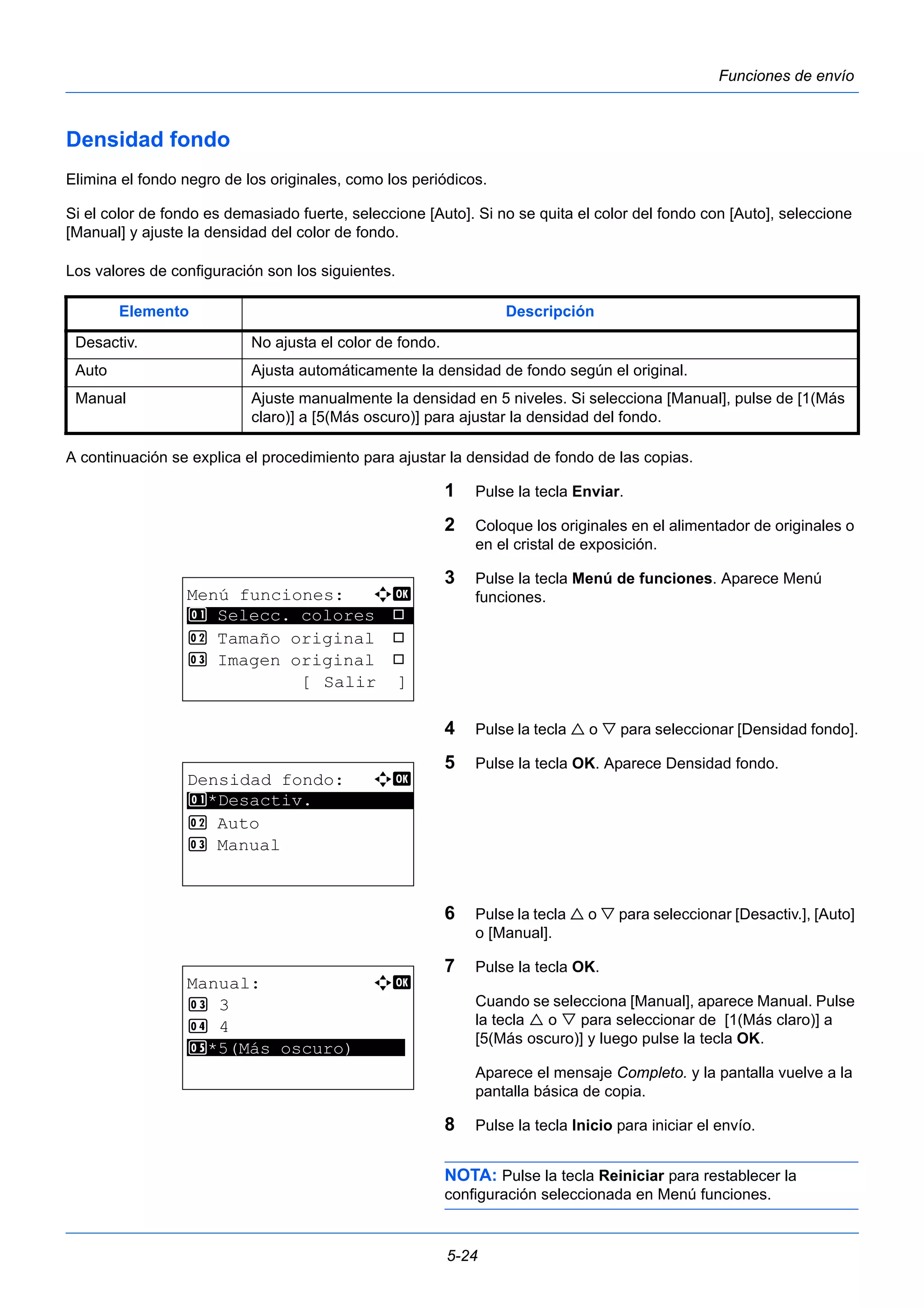 Elemento Descripción 
Desactiv. No ajusta el color de fondo. 
Auto Ajusta automáticamente la densidad de fondo según el original. 
Manual Ajuste manualmente la densidad en 5 niveles. Si selecciona [Manual], pulse de [1(Más 
claro)] a [5(Más oscuro)] para ajustar la densidad del fondo. 
5-24 
Funciones de envío 
Densidad fondo 
Elimina el fondo negro de los originales, como los periódicos. 
Si el color de fondo es demasiado fuerte, seleccione [Auto]. Si no se quita el color del fondo con [Auto], seleccione 
[Manual] y ajuste la densidad del color de fondo. 
Los valores de configuración son los siguientes. 
A continuación se explica el procedimiento para ajustar la densidad de fondo de las copias. 
1 Pulse la tecla Enviar. 
2 Coloque los originales en el alimentador de originales o 
en el cristal de exposición. 
3 Pulse la tecla Menú de funciones. Aparece Menú 
funciones. 
4 Pulse la tecla  o  para seleccionar [Densidad fondo]. 
5 Pulse la tecla OK. Aparece Densidad fondo. 
6 Pulse la tecla  o  para seleccionar [Desactiv.], [Auto] 
o [Manual]. 
7 Pulse la tecla OK. 
Cuando se selecciona [Manual], aparece Manual. Pulse 
la tecla  o  para seleccionar de [1(Más claro)] a 
[5(Más oscuro)] y luego pulse la tecla OK. 
Aparece el mensaje Completo. y la pantalla vuelve a la 
pantalla básica de copia. 
8 Pulse la tecla Inicio para iniciar el envío. 
NOTA: Pulse la tecla Reiniciar para restablecer la 
configuración seleccionada en Menú funciones. 
Menú funciones: a b 
********************* 
1 Selecc. colores T 
2 Tamaño original T 
3 Imagen original T 
[ Salir ] 
Densidad fondo: a b 
1 ********************* 
*Desactiv. 
2 Auto 
3 Manual 
Manual: a b 
3 3 
4 4 
*5 ***5*(*M**á*s* *o*s*c*u*r*o*)***** 
 