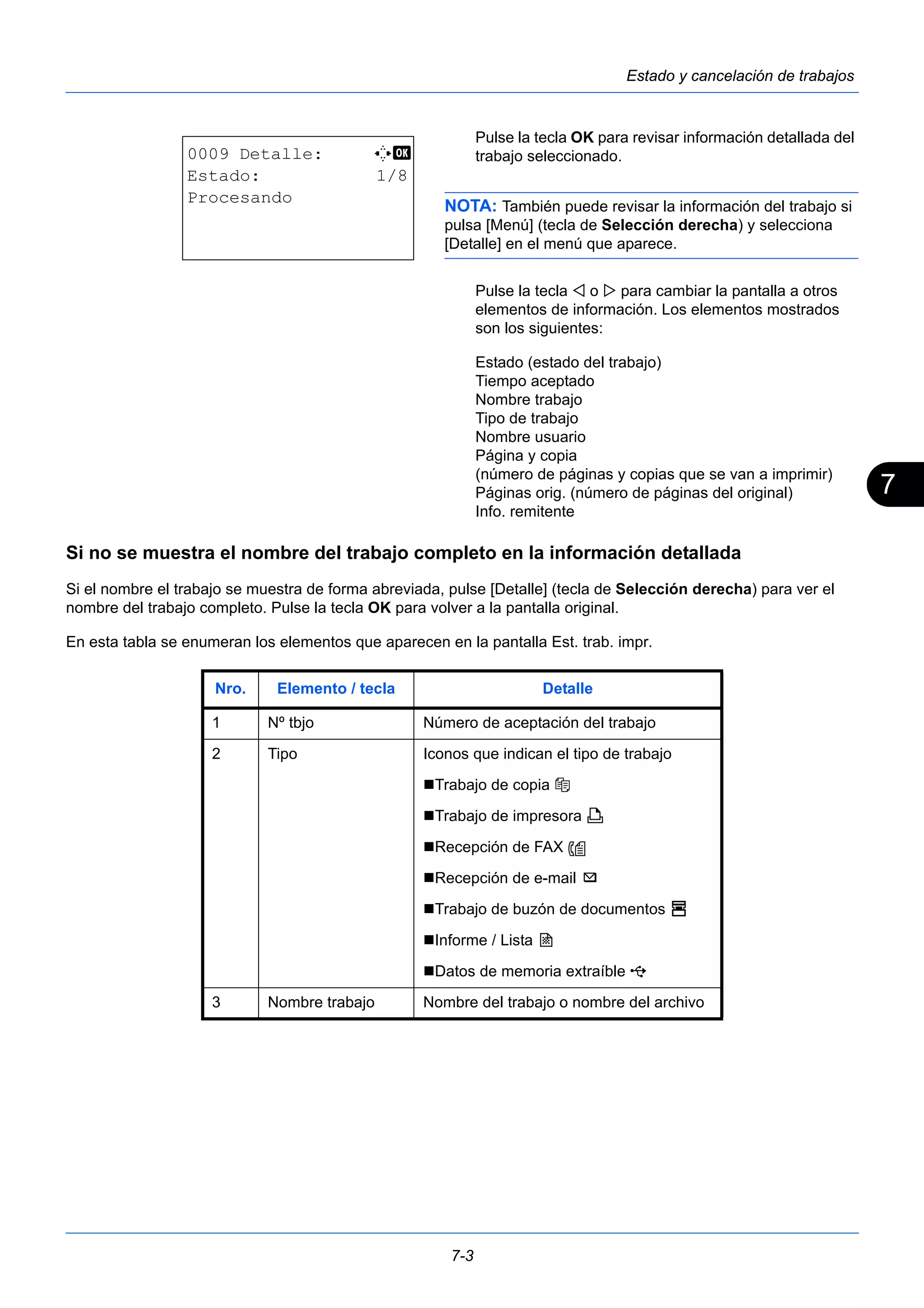 7 
7-3 
Estado y cancelación de trabajos 
Pulse la tecla OK para revisar información detallada del 
trabajo seleccionado. 
NOTA: También puede revisar la información del trabajo si 
pulsa [Menú] (tecla de Selección derecha) y selecciona 
[Detalle] en el menú que aparece. 
Pulse la tecla  o  para cambiar la pantalla a otros 
elementos de información. Los elementos mostrados 
son los siguientes: 
Estado (estado del trabajo) 
Tiempo aceptado 
Nombre trabajo 
Tipo de trabajo 
Nombre usuario 
Página y copia 
(número de páginas y copias que se van a imprimir) 
Páginas orig. (número de páginas del original) 
Info. remitente 
0009 Detalle: C b 
Estado: 1/8 
Procesando 
Si no se muestra el nombre del trabajo completo en la información detallada 
Si el nombre el trabajo se muestra de forma abreviada, pulse [Detalle] (tecla de Selección derecha) para ver el 
nombre del trabajo completo. Pulse la tecla OK para volver a la pantalla original. 
En esta tabla se enumeran los elementos que aparecen en la pantalla Est. trab. impr. 
Nro. Elemento / tecla Detalle 
1 Nº tbjo Número de aceptación del trabajo 
2 Tipo Iconos que indican el tipo de trabajo 
Trabajo de copia 
Trabajo de impresora W 
Recepción de FAX 
Recepción de e-mail p 
Trabajo de buzón de documentos x 
Informe / Lista j 
Datos de memoria extraíble Y 
3 Nombre trabajo Nombre del trabajo o nombre del archivo 
 