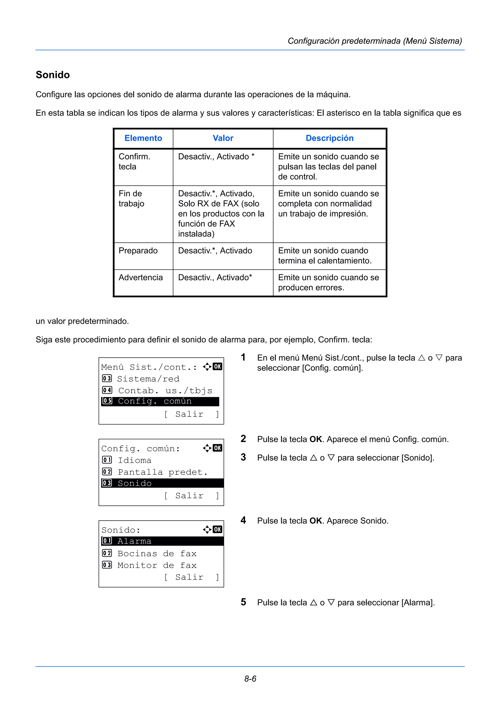 Elemento Valor Descripción 
Confirm. 
tecla 
Desactiv., Activado * Emite un sonido cuando se 
8-6 
Configuración predeterminada (Menú Sistema) 
Sonido 
Configure las opciones del sonido de alarma durante las operaciones de la máquina. 
En esta tabla se indican los tipos de alarma y sus valores y características: El asterisco en la tabla significa que es 
pulsan las teclas del panel 
de control. 
un valor predeterminado. 
Siga este procedimiento para definir el sonido de alarma para, por ejemplo, Confirm. tecla: 
1 En el menú Menú Sist./cont., pulse la tecla  o  para 
seleccionar [Config. común]. 
2 Pulse la tecla OK. Aparece el menú Config. común. 
3 Pulse la tecla  o  para seleccionar [Sonido]. 
4 Pulse la tecla OK. Aparece Sonido. 
5 Pulse la tecla  o  para seleccionar [Alarma]. 
Fin de 
trabajo 
Desactiv.*, Activado, 
Solo RX de FAX (solo 
en los productos con la 
función de FAX 
instalada) 
Emite un sonido cuando se 
completa con normalidad 
un trabajo de impresión. 
Preparado Desactiv.*, Activado Emite un sonido cuando 
termina el calentamiento. 
Advertencia Desactiv., Activado* Emite un sonido cuando se 
producen errores. 
Menú Sist./cont.: a b 
3 Sistema/red 
4 Contab. us./tbjs 
********************* 
5 Config. común 
[ Salir ] 
Config. común: a b 
1 Idioma 
2 Pantalla predet. 
********************* 
[ Salir ] 
3 Sonido 
Sonido: a b 
********************* 
2 Bocinas de fax 
3 Monitor de fax 
[ Salir ] 
1 Alarma 
 