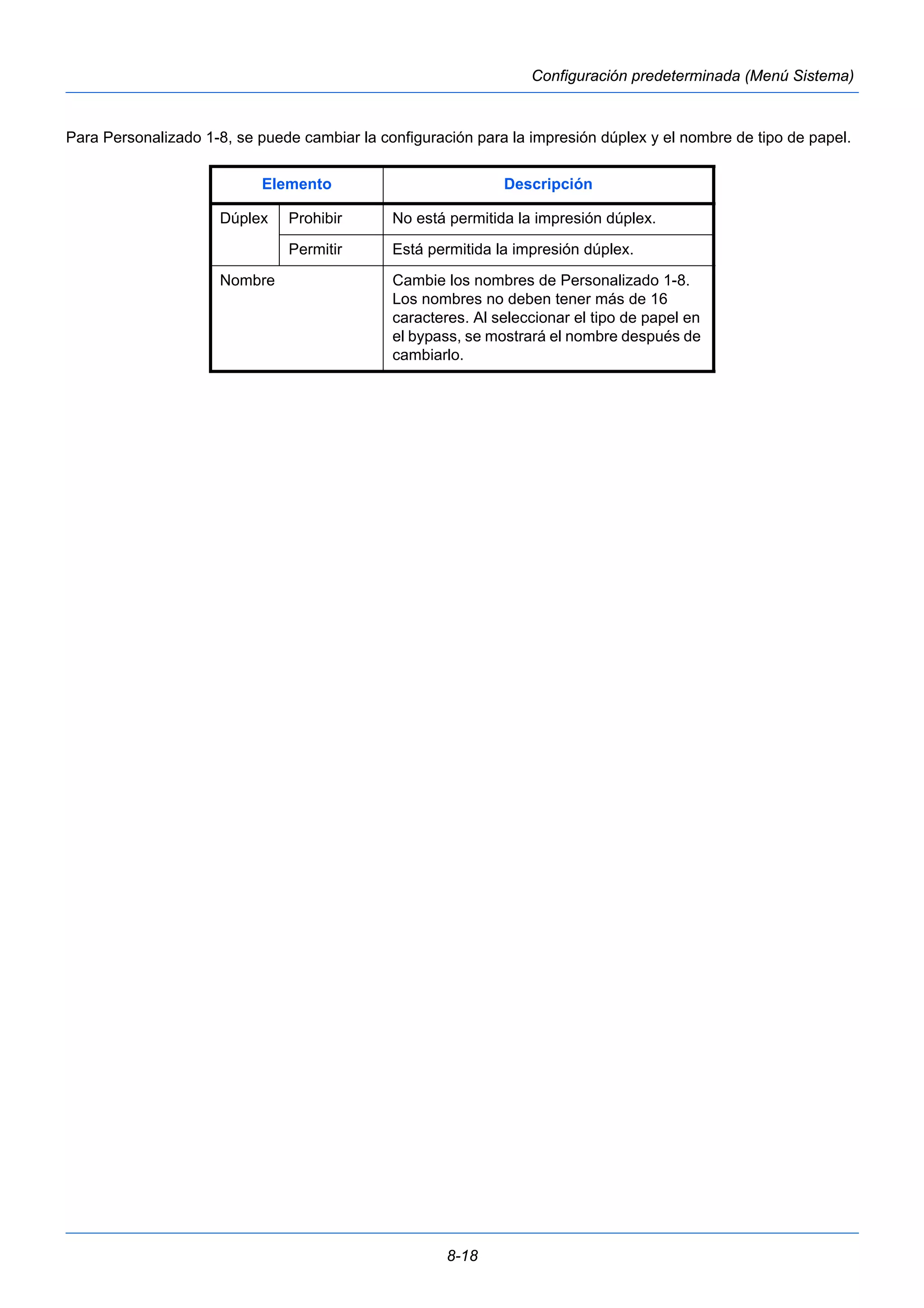 8-18 
Configuración predeterminada (Menú Sistema) 
Para Personalizado 1-8, se puede cambiar la configuración para la impresión dúplex y el nombre de tipo de papel. 
Elemento Descripción 
Dúplex Prohibir No está permitida la impresión dúplex. 
Permitir Está permitida la impresión dúplex. 
Nombre Cambie los nombres de Personalizado 1-8. 
Los nombres no deben tener más de 16 
caracteres. Al seleccionar el tipo de papel en 
el bypass, se mostrará el nombre después de 
cambiarlo. 
 