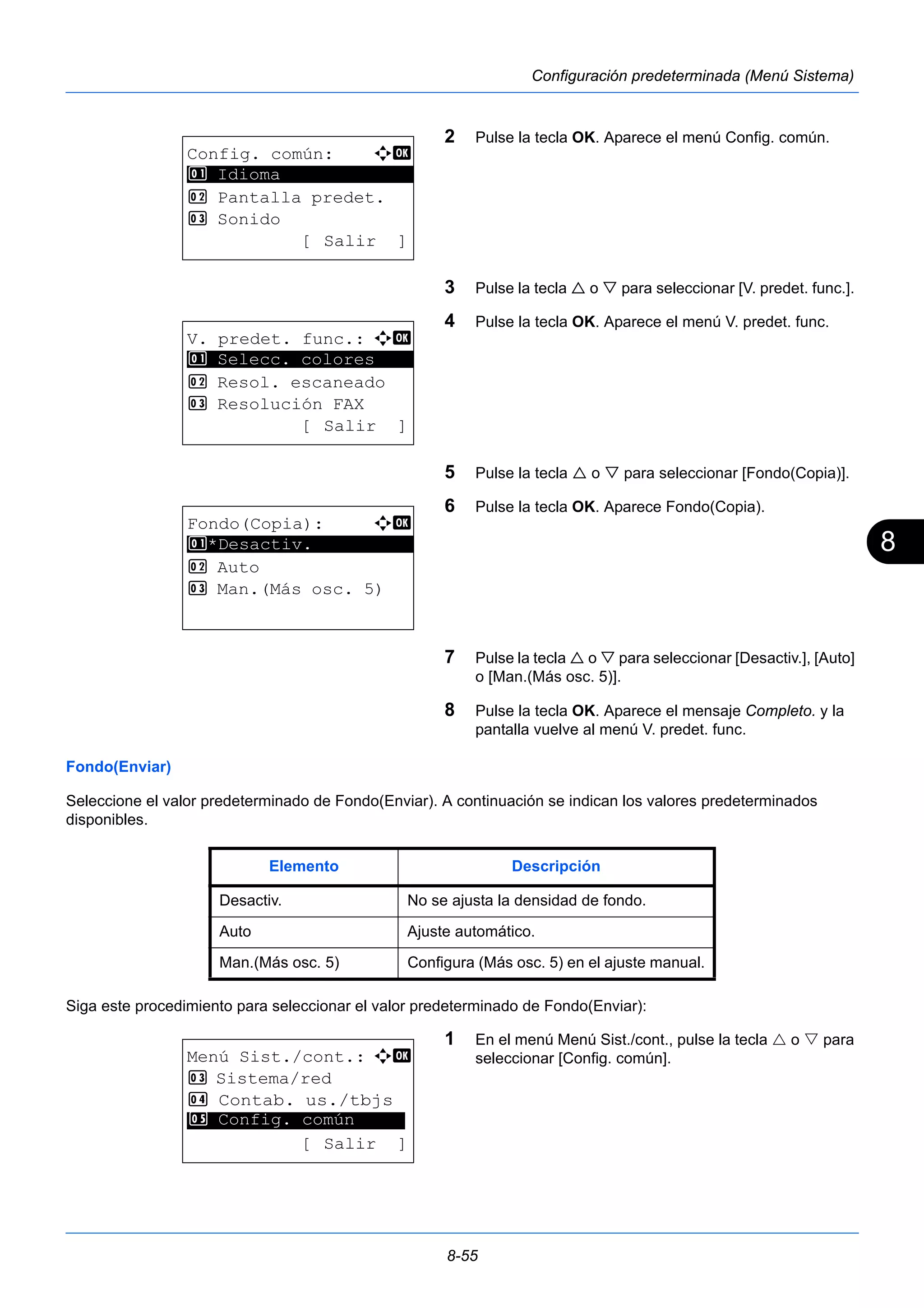 8 
8-55 
Configuración predeterminada (Menú Sistema) 
2 Pulse la tecla OK. Aparece el menú Config. común. 
3 Pulse la tecla  o  para seleccionar [V. predet. func.]. 
4 Pulse la tecla OK. Aparece el menú V. predet. func. 
5 Pulse la tecla  o  para seleccionar [Fondo(Copia)]. 
6 Pulse la tecla OK. Aparece Fondo(Copia). 
7 Pulse la tecla  o  para seleccionar [Desactiv.], [Auto] 
o [Man.(Más osc. 5)]. 
8 Pulse la tecla OK. Aparece el mensaje Completo. y la 
pantalla vuelve al menú V. predet. func. 
1 Selecc. colores 
Fondo(Enviar) 
Seleccione el valor predeterminado de Fondo(Enviar). A continuación se indican los valores predeterminados 
disponibles. 
Siga este procedimiento para seleccionar el valor predeterminado de Fondo(Enviar): 
1 En el menú Menú Sist./cont., pulse la tecla  o  para 
seleccionar [Config. común]. 
Config. común: a b 
********************* 
2 Pantalla predet. 
3 Sonido 
[ Salir ] 
1 Idioma 
V. predet. func.: a b 
********************* 
2 Resol. escaneado 
3 Resolución FAX 
[ Salir ] 
Fondo(Copia): a b 
1 ********************* 
*Desactiv. 
2 Auto 
3 Man.(Más osc. 5) 
Elemento Descripción 
Desactiv. No se ajusta la densidad de fondo. 
Auto Ajuste automático. 
Man.(Más osc. 5) Configura (Más osc. 5) en el ajuste manual. 
Menú Sist./cont.: a b 
3 Sistema/red 
4 Contab. us./tbjs 
********************* 
5 Config. común 
[ Salir ] 
 