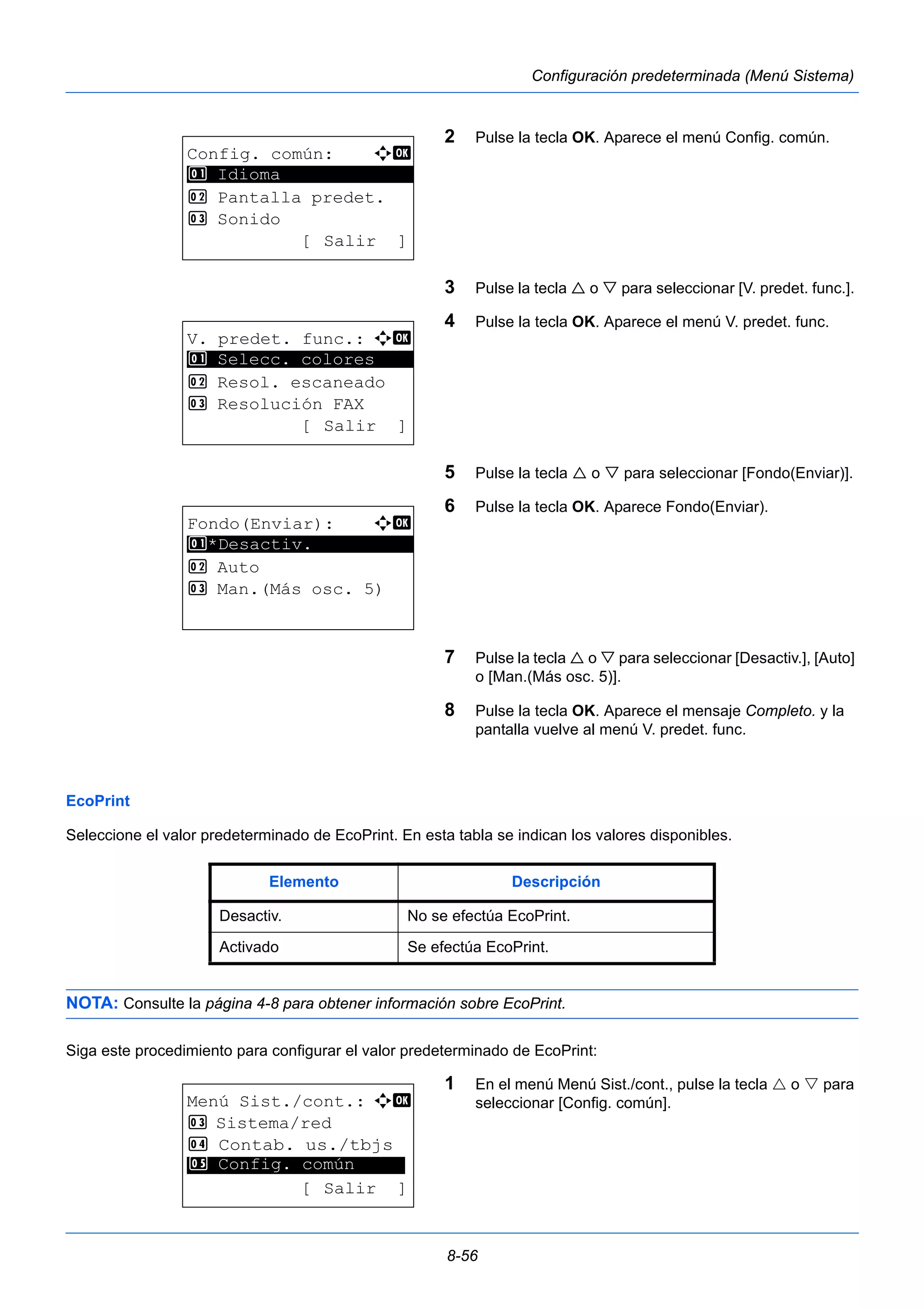 8-56 
Configuración predeterminada (Menú Sistema) 
2 Pulse la tecla OK. Aparece el menú Config. común. 
3 Pulse la tecla  o  para seleccionar [V. predet. func.]. 
4 Pulse la tecla OK. Aparece el menú V. predet. func. 
5 Pulse la tecla  o  para seleccionar [Fondo(Enviar)]. 
6 Pulse la tecla OK. Aparece Fondo(Enviar). 
7 Pulse la tecla  o  para seleccionar [Desactiv.], [Auto] 
o [Man.(Más osc. 5)]. 
8 Pulse la tecla OK. Aparece el mensaje Completo. y la 
pantalla vuelve al menú V. predet. func. 
1 Selecc. colores 
EcoPrint 
Seleccione el valor predeterminado de EcoPrint. En esta tabla se indican los valores disponibles. 
NOTA: Consulte la página 4-8 para obtener información sobre EcoPrint. 
Siga este procedimiento para configurar el valor predeterminado de EcoPrint: 
1 En el menú Menú Sist./cont., pulse la tecla  o  para 
seleccionar [Config. común]. 
Config. común: a b 
********************* 
2 Pantalla predet. 
3 Sonido 
[ Salir ] 
1 Idioma 
V. predet. func.: a b 
********************* 
2 Resol. escaneado 
3 Resolución FAX 
[ Salir ] 
Fondo(Enviar): a b 
1 ********************* 
*Desactiv. 
2 Auto 
3 Man.(Más osc. 5) 
Elemento Descripción 
Desactiv. No se efectúa EcoPrint. 
Activado Se efectúa EcoPrint. 
Menú Sist./cont.: a b 
3 Sistema/red 
4 Contab. us./tbjs 
********************* 
5 Config. común 
[ Salir ] 
 