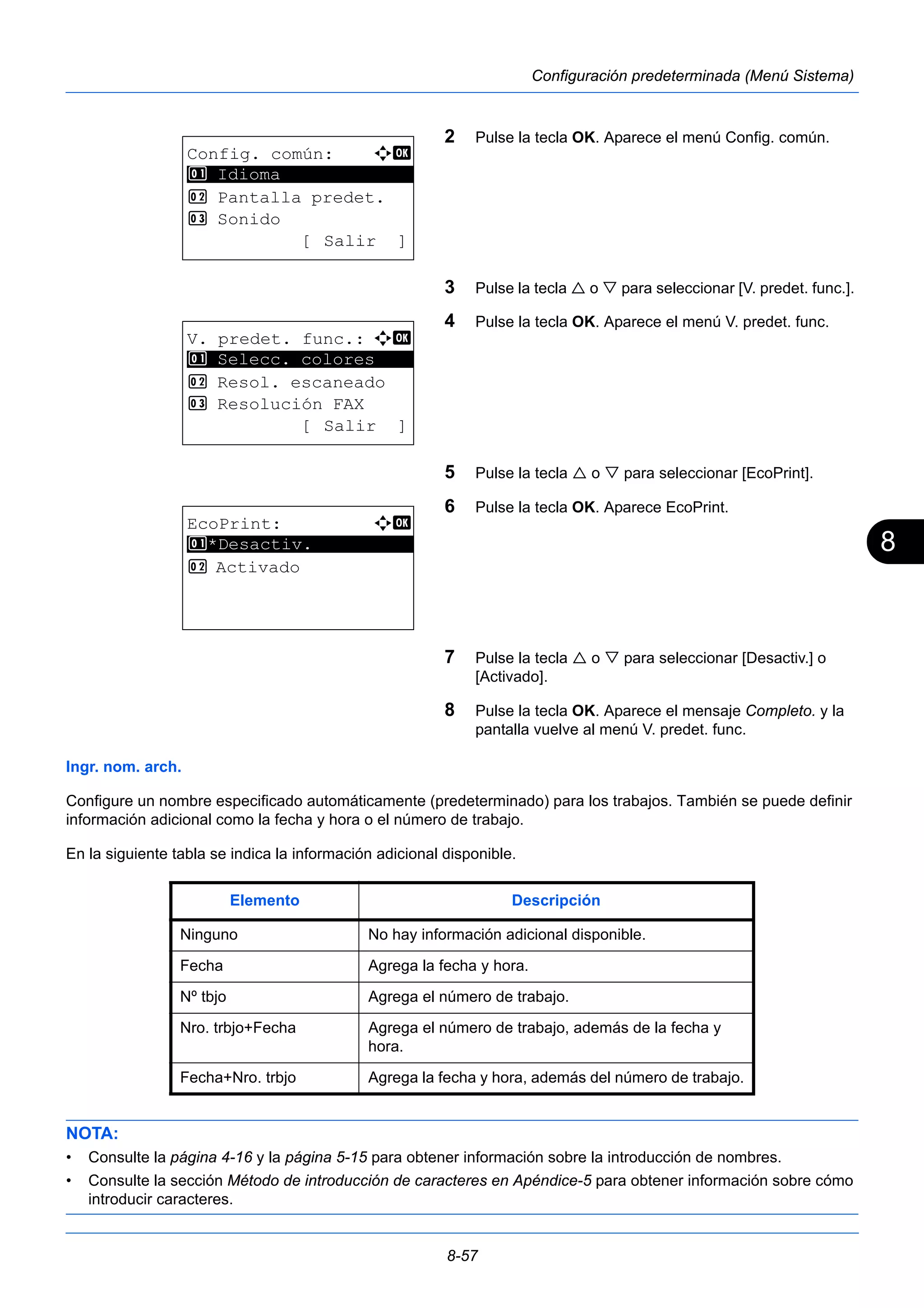 8 
8-57 
Configuración predeterminada (Menú Sistema) 
2 Pulse la tecla OK. Aparece el menú Config. común. 
3 Pulse la tecla  o  para seleccionar [V. predet. func.]. 
4 Pulse la tecla OK. Aparece el menú V. predet. func. 
5 Pulse la tecla  o  para seleccionar [EcoPrint]. 
6 Pulse la tecla OK. Aparece EcoPrint. 
7 Pulse la tecla  o  para seleccionar [Desactiv.] o 
[Activado]. 
8 Pulse la tecla OK. Aparece el mensaje Completo. y la 
pantalla vuelve al menú V. predet. func. 
Config. común: a b 
********************* 
2 Pantalla predet. 
3 Sonido 
1 Selecc. colores 
Ingr. nom. arch. 
Configure un nombre especificado automáticamente (predeterminado) para los trabajos. También se puede definir 
información adicional como la fecha y hora o el número de trabajo. 
En la siguiente tabla se indica la información adicional disponible. 
NOTA: 
• Consulte la página 4-16 y la página 5-15 para obtener información sobre la introducción de nombres. 
• Consulte la sección Método de introducción de caracteres en Apéndice-5 para obtener información sobre cómo 
introducir caracteres. 
[ Salir ] 
1 Idioma 
V. predet. func.: a b 
********************* 
2 Resol. escaneado 
3 Resolución FAX 
[ Salir ] 
EcoPrint: a b 
********************* 
1 *Desactiv. 
2 Activado 
Elemento Descripción 
Ninguno No hay información adicional disponible. 
Fecha Agrega la fecha y hora. 
Nº tbjo Agrega el número de trabajo. 
Nro. trbjo+Fecha Agrega el número de trabajo, además de la fecha y 
hora. 
Fecha+Nro. trbjo Agrega la fecha y hora, además del número de trabajo. 
 