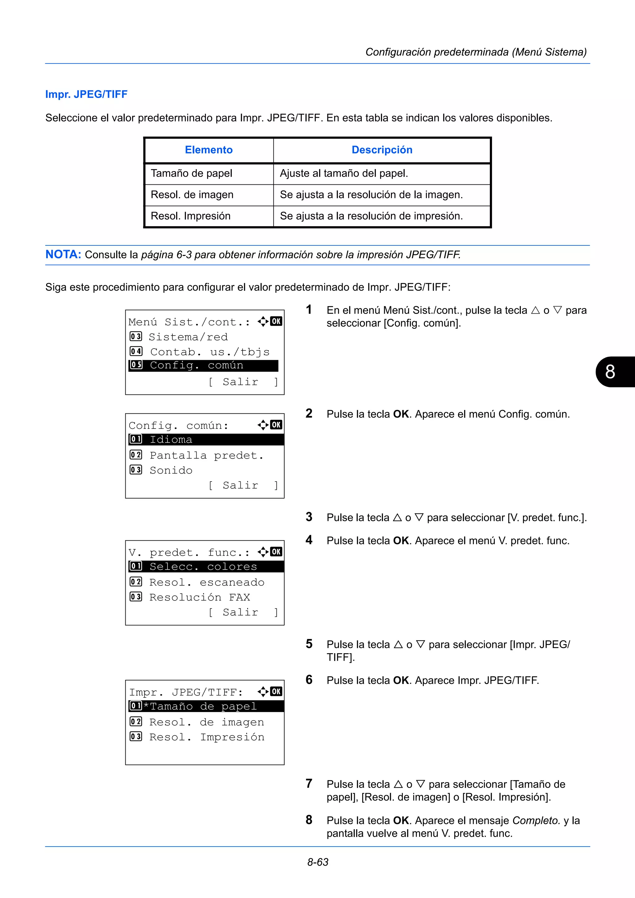 8 
Elemento Descripción 
Tamaño de papel Ajuste al tamaño del papel. 
Resol. de imagen Se ajusta a la resolución de la imagen. 
Resol. Impresión Se ajusta a la resolución de impresión. 
8-63 
Configuración predeterminada (Menú Sistema) 
Impr. JPEG/TIFF 
Seleccione el valor predeterminado para Impr. JPEG/TIFF. En esta tabla se indican los valores disponibles. 
NOTA: Consulte la página 6-3 para obtener información sobre la impresión JPEG/TIFF. 
Siga este procedimiento para configurar el valor predeterminado de Impr. JPEG/TIFF: 
1 En el menú Menú Sist./cont., pulse la tecla  o  para 
seleccionar [Config. común]. 
2 Pulse la tecla OK. Aparece el menú Config. común. 
3 Pulse la tecla  o  para seleccionar [V. predet. func.]. 
4 Pulse la tecla OK. Aparece el menú V. predet. func. 
5 Pulse la tecla  o  para seleccionar [Impr. JPEG/ 
TIFF]. 
6 Pulse la tecla OK. Aparece Impr. JPEG/TIFF. 
7 Pulse la tecla  o  para seleccionar [Tamaño de 
papel], [Resol. de imagen] o [Resol. Impresión]. 
8 Pulse la tecla OK. Aparece el mensaje Completo. y la 
pantalla vuelve al menú V. predet. func. 
Menú Sist./cont.: a b 
3 Sistema/red 
4 Contab. us./tbjs 
********************* 
5 Config. común 
[ Salir ] 
Config. común: a b 
********************* 
2 Pantalla predet. 
3 Sonido 
[ Salir ] 
1 Idioma 
V. predet. func.: a b 
1 ********************* 
Selecc. colores 
2 Resol. escaneado 
3 Resolución FAX 
[ Salir ] 
Impr. JPEG/TIFF: a b 
********************* 
1 *Tamaño de papel 
2 Resol. de imagen 
3 Resol. Impresión 
 
