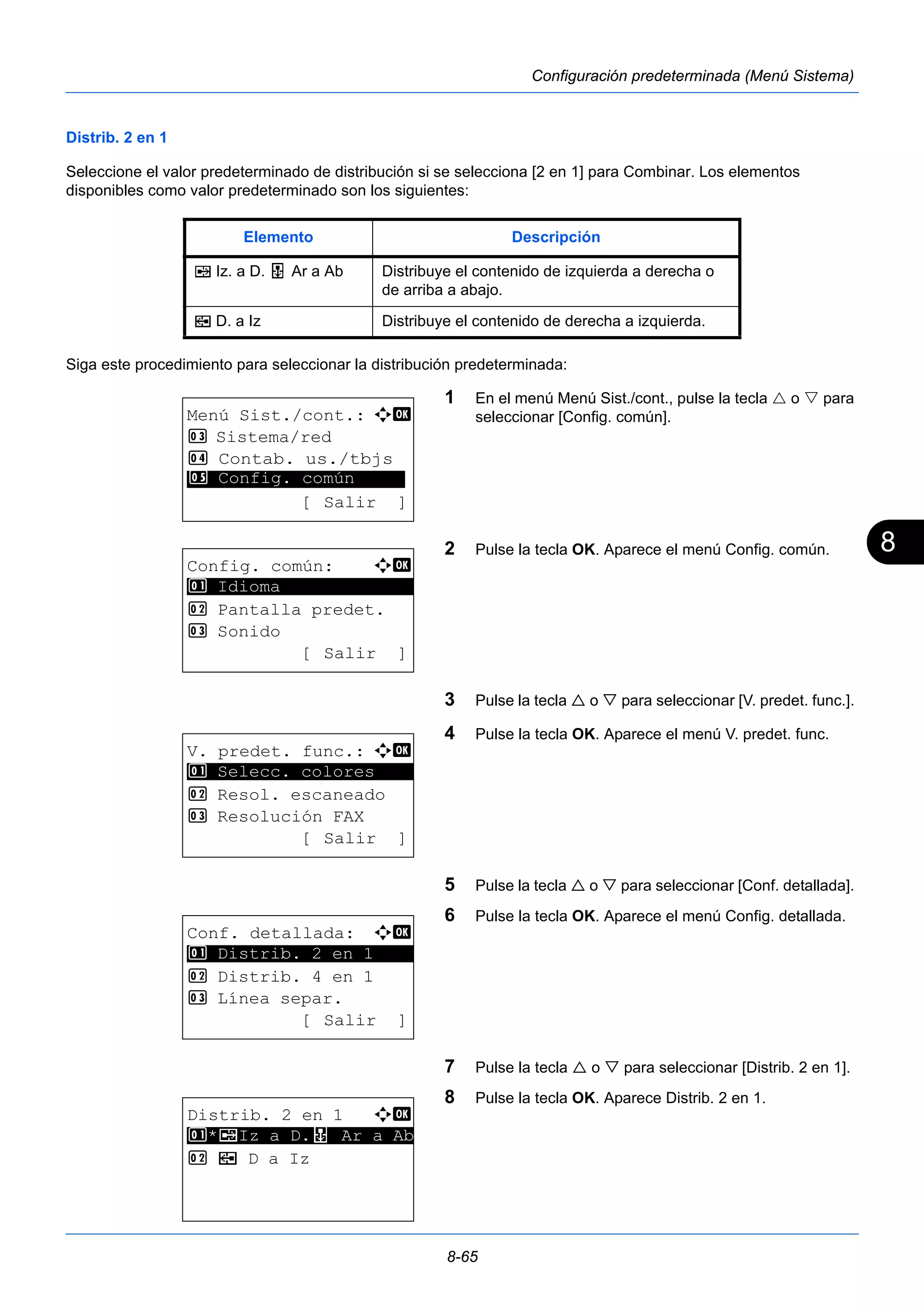8 
Elemento Descripción 
g Iz. a D. f Ar a Ab Distribuye el contenido de izquierda a derecha o 
de arriba a abajo. 
e D. a Iz Distribuye el contenido de derecha a izquierda. 
8-65 
Configuración predeterminada (Menú Sistema) 
Distrib. 2 en 1 
Seleccione el valor predeterminado de distribución si se selecciona [2 en 1] para Combinar. Los elementos 
disponibles como valor predeterminado son los siguientes: 
Siga este procedimiento para seleccionar la distribución predeterminada: 
1 En el menú Menú Sist./cont., pulse la tecla  o  para 
seleccionar [Config. común]. 
2 Pulse la tecla OK. Aparece el menú Config. común. 
3 Pulse la tecla  o  para seleccionar [V. predet. func.]. 
4 Pulse la tecla OK. Aparece el menú V. predet. func. 
5 Pulse la tecla  o  para seleccionar [Conf. detallada]. 
6 Pulse la tecla OK. Aparece el menú Config. detallada. 
7 Pulse la tecla  o  para seleccionar [Distrib. 2 en 1]. 
8 Pulse la tecla OK. Aparece Distrib. 2 en 1. 
Menú Sist./cont.: a b 
3 Sistema/red 
4 Contab. us./tbjs 
********************* 
5 Config. común 
[ Salir ] 
Config. común: a b 
********************* 
2 Pantalla predet. 
3 Sonido 
[ Salir ] 
1 Idioma 
V. predet. func.: a b 
1 ********************* 
Selecc. colores 
2 Resol. escaneado 
3 Resolución FAX 
[ Salir ] 
Conf. detallada: a b 
********************* 
1 Distrib. 2 en 1 
2 Distrib. 4 en 1 
3 Línea separ. 
[ Salir ] 
Distrib. 2 en 1 a b 
********************* 
2 e D a Iz 
1 *g Iz a D.f Ar a Ab 
 