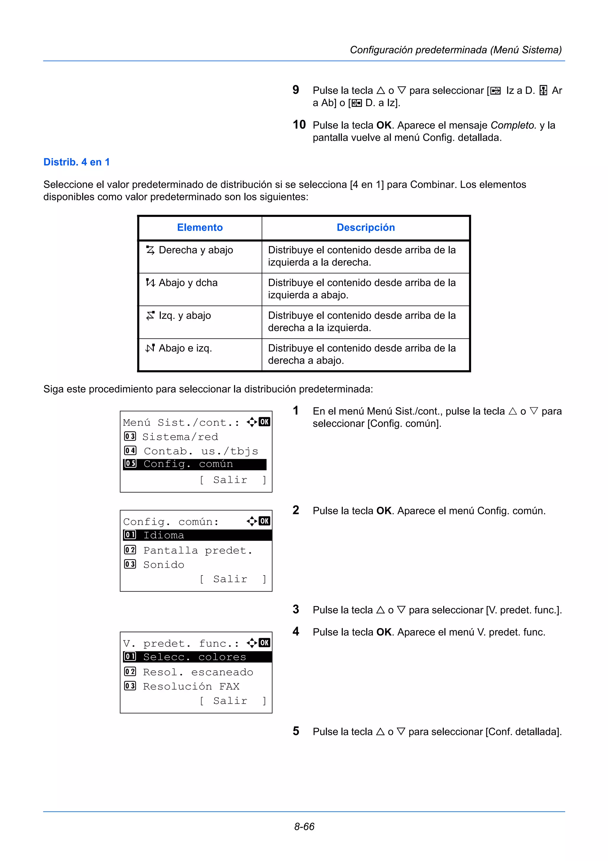 Elemento Descripción 
h Derecha y abajo Distribuye el contenido desde arriba de la 
izquierda a la derecha. 
i Abajo y dcha Distribuye el contenido desde arriba de la 
izquierda a abajo. 
j Izq. y abajo Distribuye el contenido desde arriba de la 
derecha a la izquierda. 
k Abajo e izq. Distribuye el contenido desde arriba de la 
derecha a abajo. 
8-66 
Configuración predeterminada (Menú Sistema) 
9 Pulse la tecla  o  para seleccionar [g Iz a D. f Ar 
a Ab] o [e D. a Iz]. 
10 Pulse la tecla OK. Aparece el mensaje Completo. y la 
pantalla vuelve al menú Config. detallada. 
Distrib. 4 en 1 
Seleccione el valor predeterminado de distribución si se selecciona [4 en 1] para Combinar. Los elementos 
disponibles como valor predeterminado son los siguientes: 
Siga este procedimiento para seleccionar la distribución predeterminada: 
1 En el menú Menú Sist./cont., pulse la tecla  o  para 
seleccionar [Config. común]. 
2 Pulse la tecla OK. Aparece el menú Config. común. 
3 Pulse la tecla  o  para seleccionar [V. predet. func.]. 
4 Pulse la tecla OK. Aparece el menú V. predet. func. 
5 Pulse la tecla  o  para seleccionar [Conf. detallada]. 
Menú Sist./cont.: a b 
3 Sistema/red 
4 Contab. us./tbjs 
********************* 
5 Config. común 
[ Salir ] 
Config. común: a b 
********************* 
2 Pantalla predet. 
3 Sonido 
[ Salir ] 
1 Idioma 
V. predet. func.: a b 
1 ********************* 
Selecc. colores 
2 Resol. escaneado 
3 Resolución FAX 
[ Salir ] 
 