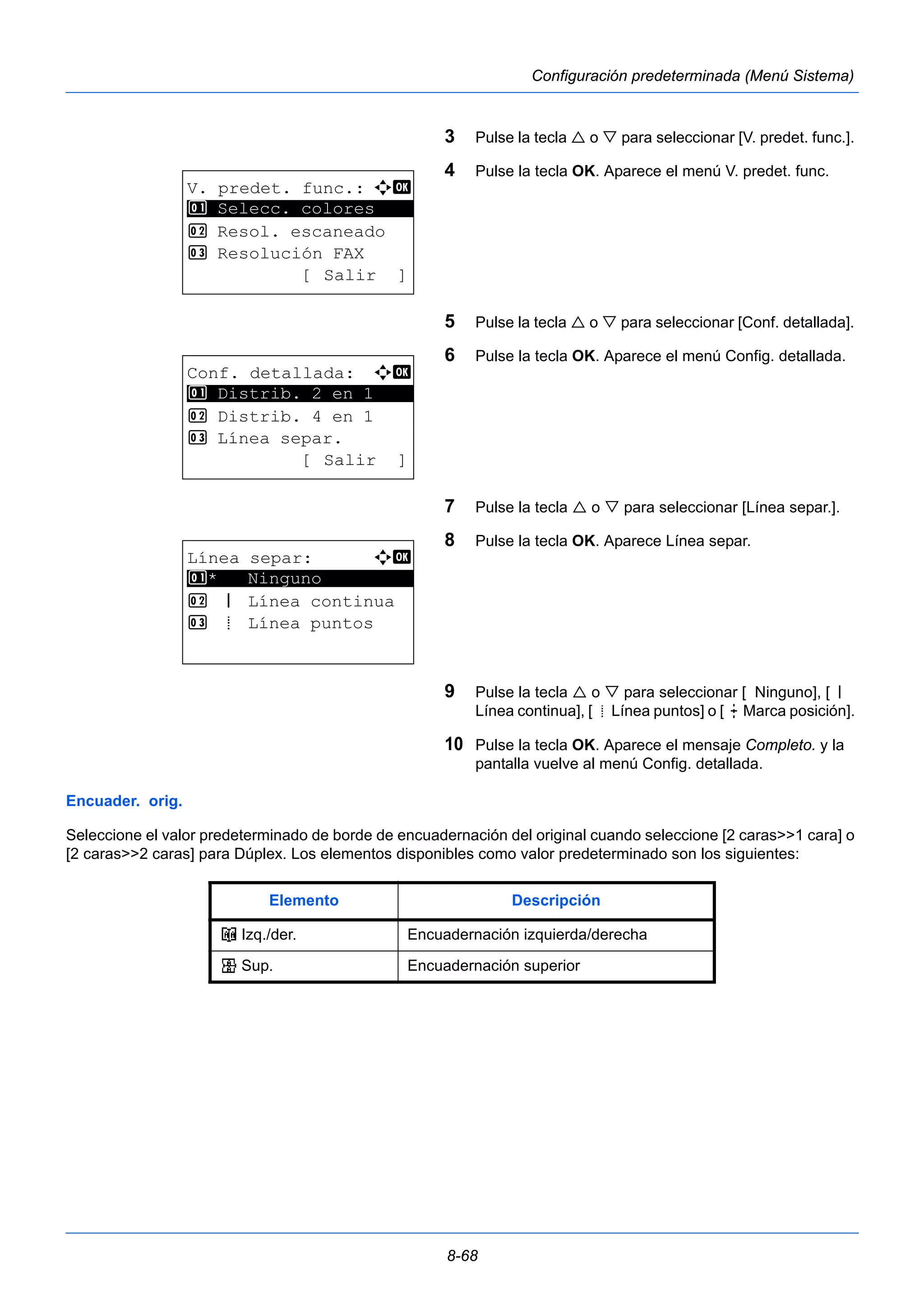 8-68 
Configuración predeterminada (Menú Sistema) 
3 Pulse la tecla  o  para seleccionar [V. predet. func.]. 
4 Pulse la tecla OK. Aparece el menú V. predet. func. 
5 Pulse la tecla  o  para seleccionar [Conf. detallada]. 
6 Pulse la tecla OK. Aparece el menú Config. detallada. 
7 Pulse la tecla  o  para seleccionar [Línea separ.]. 
8 Pulse la tecla OK. Aparece Línea separ. 
9 Pulse la tecla  o  para seleccionar [ Ninguno], [l 
Línea continua], [m Línea puntos] o [n Marca posición]. 
10 Pulse la tecla OK. Aparece el mensaje Completo. y la 
pantalla vuelve al menú Config. detallada. 
V. predet. func.: a b 
1 ********************* 
Selecc. colores 
2 Resol. escaneado 
3 Resolución FAX 
[ Salir ] 
Conf. detallada: a b 
********************* 
1 Distrib. 2 en 1 
2 Distrib. 4 en 1 
3 Línea separ. 
[ Salir ] 
Línea separ: a b 
1 ********************* 
* Ninguno 
2 l Línea continua 
3 m Línea puntos 
Encuader. orig. 
Seleccione el valor predeterminado de borde de encuadernación del original cuando seleccione [2 caras>>1 cara] o 
[2 caras>>2 caras] para Dúplex. Los elementos disponibles como valor predeterminado son los siguientes: 
Elemento Descripción 
o Izq./der. Encuadernación izquierda/derecha 
p Sup. Encuadernación superior 
 