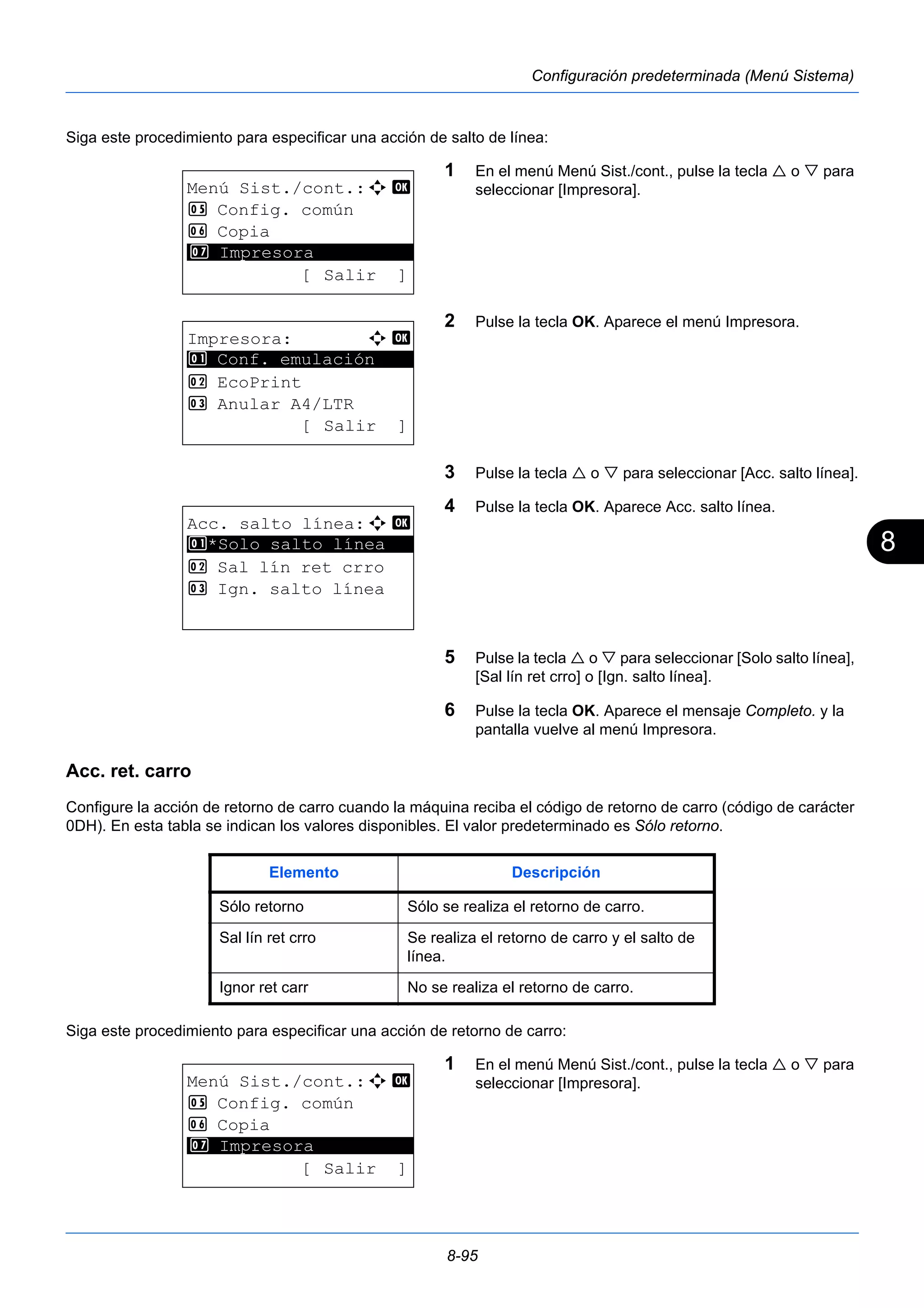 8 
8-95 
Configuración predeterminada (Menú Sistema) 
Siga este procedimiento para especificar una acción de salto de línea: 
1 En el menú Menú Sist./cont., pulse la tecla  o  para 
seleccionar [Impresora]. 
2 Pulse la tecla OK. Aparece el menú Impresora. 
3 Pulse la tecla  o  para seleccionar [Acc. salto línea]. 
4 Pulse la tecla OK. Aparece Acc. salto línea. 
5 Pulse la tecla  o  para seleccionar [Solo salto línea], 
[Sal lín ret crro] o [Ign. salto línea]. 
6 Pulse la tecla OK. Aparece el mensaje Completo. y la 
pantalla vuelve al menú Impresora. 
7 Impresora 
1 Conf. emulación 
Acc. ret. carro 
Configure la acción de retorno de carro cuando la máquina reciba el código de retorno de carro (código de carácter 
0DH). En esta tabla se indican los valores disponibles. El valor predeterminado es Sólo retorno. 
Siga este procedimiento para especificar una acción de retorno de carro: 
1 En el menú Menú Sist./cont., pulse la tecla  o  para 
seleccionar [Impresora]. 
Menú Sist./cont.:a b 
5 Config. común 
6 Copia 
********************* 
[ Salir ] 
Impresora: a b 
********************* 
2 EcoPrint 
3 Anular A4/LTR 
[ Salir ] 
Acc. salto línea:a b 
********************* 
1 *Solo salto línea 
2 Sal lín ret crro 
3 Ign. salto línea 
Elemento Descripción 
Sólo retorno Sólo se realiza el retorno de carro. 
Sal lín ret crro Se realiza el retorno de carro y el salto de 
línea. 
Ignor ret carr No se realiza el retorno de carro. 
Menú Sist./cont.:a b 
5 Config. común 
6 Copia 
********************* 
7 Impresora 
[ Salir ] 
 