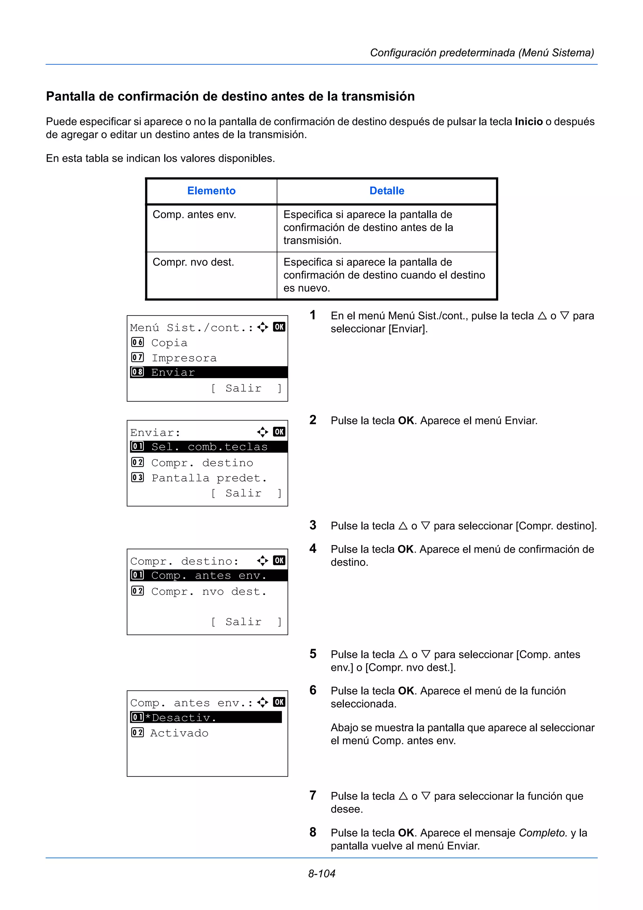 Elemento Detalle 
Comp. antes env. Especifica si aparece la pantalla de 
confirmación de destino antes de la 
transmisión. 
Compr. nvo dest. Especifica si aparece la pantalla de 
confirmación de destino cuando el destino 
es nuevo. 
8-104 
Configuración predeterminada (Menú Sistema) 
Pantalla de confirmación de destino antes de la transmisión 
Puede especificar si aparece o no la pantalla de confirmación de destino después de pulsar la tecla Inicio o después 
de agregar o editar un destino antes de la transmisión. 
En esta tabla se indican los valores disponibles. 
1 En el menú Menú Sist./cont., pulse la tecla  o  para 
seleccionar [Enviar]. 
2 Pulse la tecla OK. Aparece el menú Enviar. 
3 Pulse la tecla  o  para seleccionar [Compr. destino]. 
4 Pulse la tecla OK. Aparece el menú de confirmación de 
destino. 
5 Pulse la tecla  o  para seleccionar [Comp. antes 
env.] o [Compr. nvo dest.]. 
6 Pulse la tecla OK. Aparece el menú de la función 
seleccionada. 
Abajo se muestra la pantalla que aparece al seleccionar 
el menú Comp. antes env. 
7 Pulse la tecla  o  para seleccionar la función que 
desee. 
8 Pulse la tecla OK. Aparece el mensaje Completo. y la 
pantalla vuelve al menú Enviar. 
Menú Sist./cont.:a b 
6 Copia 
7 Impresora 
********************* 
[ Salir ] 
8 Enviar 
Enviar: a b 
********************* 
1 Sel. comb.teclas 
2 Compr. destino 
3 Pantalla predet. 
[ Salir ] 
Compr. destino: a b 
********************* 
1 Comp. antes env. 
2 Compr. nvo dest. 
[ Salir ] 
Comp. antes env.:a b 
1 ********************* 
*Desactiv. 
2 Activado 
 