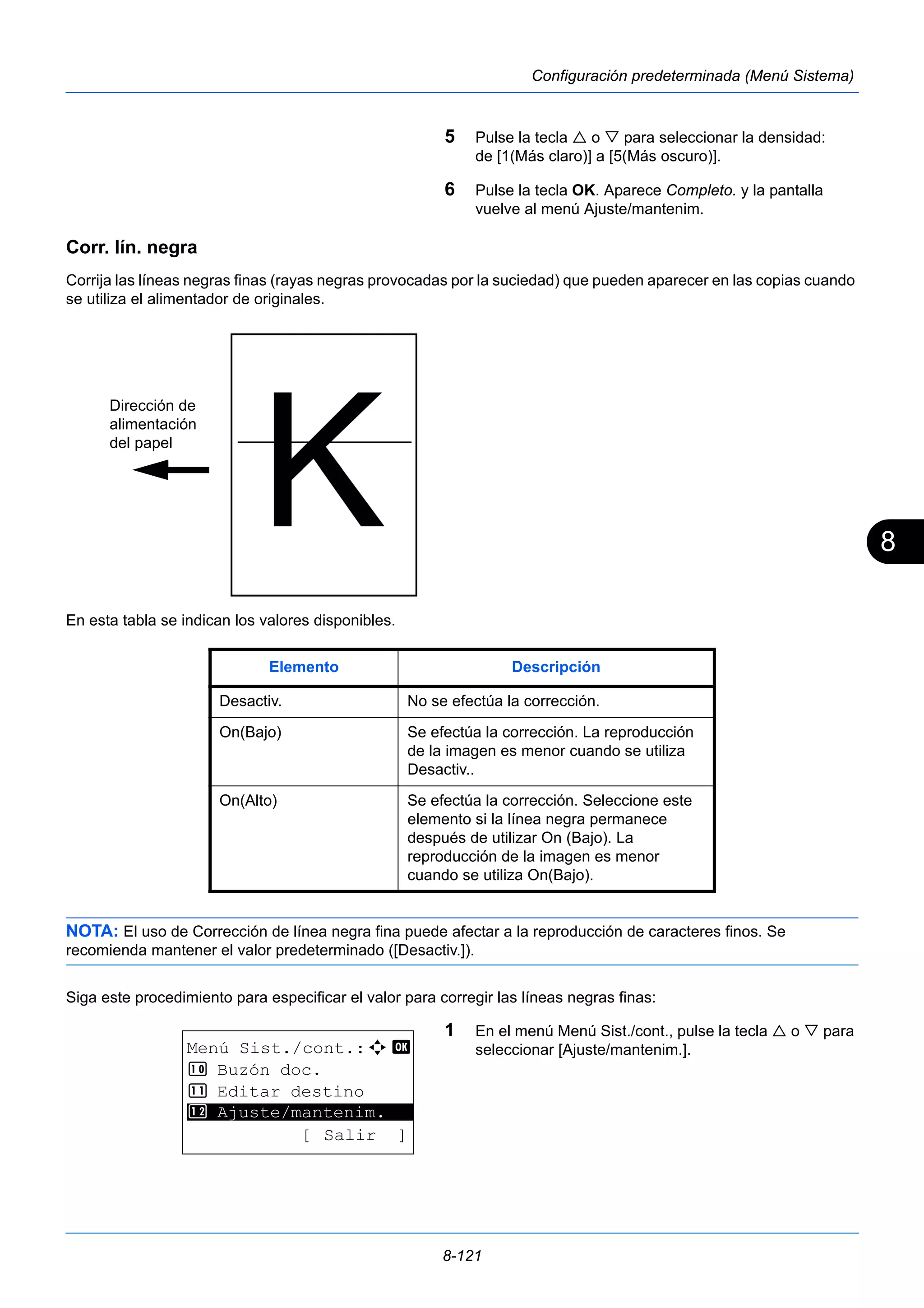 8 
8-121 
Configuración predeterminada (Menú Sistema) 
5 Pulse la tecla  o  para seleccionar la densidad: 
de [1(Más claro)] a [5(Más oscuro)]. 
6 Pulse la tecla OK. Aparece Completo. y la pantalla 
vuelve al menú Ajuste/mantenim. 
Corr. lín. negra 
Corrija las líneas negras finas (rayas negras provocadas por la suciedad) que pueden aparecer en las copias cuando 
se utiliza el alimentador de originales. 
En esta tabla se indican los valores disponibles. 
NOTA: El uso de Corrección de línea negra fina puede afectar a la reproducción de caracteres finos. Se 
recomienda mantener el valor predeterminado ([Desactiv.]). 
Siga este procedimiento para especificar el valor para corregir las líneas negras finas: 
1 En el menú Menú Sist./cont., pulse la tecla  o  para 
seleccionar [Ajuste/mantenim.]. 
Dirección de 
alimentación 
del papel 
Elemento Descripción 
Desactiv. No se efectúa la corrección. 
On(Bajo) Se efectúa la corrección. La reproducción 
de la imagen es menor cuando se utiliza 
Desactiv.. 
On(Alto) Se efectúa la corrección. Seleccione este 
elemento si la línea negra permanece 
después de utilizar On (Bajo). La 
reproducción de la imagen es menor 
cuando se utiliza On(Bajo). 
Menú Sist./cont.:a b 
: Buzón doc. 
; Editar destino 
********************* 
< Ajuste/mantenim. 
[ Salir ] 
 