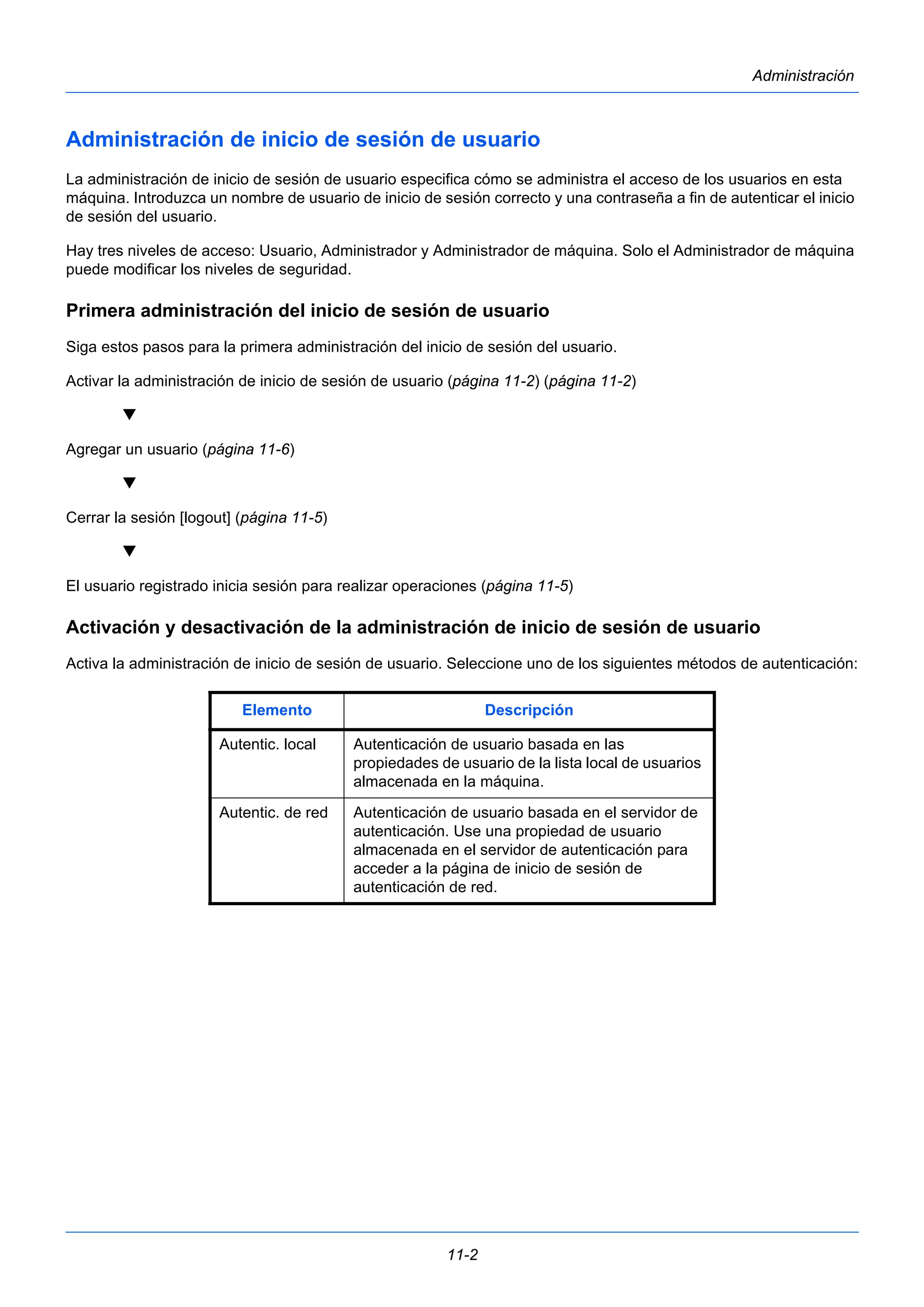 11-2 
Administración 
Administración de inicio de sesión de usuario 
La administración de inicio de sesión de usuario especifica cómo se administra el acceso de los usuarios en esta 
máquina. Introduzca un nombre de usuario de inicio de sesión correcto y una contraseña a fin de autenticar el inicio 
de sesión del usuario. 
Hay tres niveles de acceso: Usuario, Administrador y Administrador de máquina. Solo el Administrador de máquina 
puede modificar los niveles de seguridad. 
Primera administración del inicio de sesión de usuario 
Siga estos pasos para la primera administración del inicio de sesión del usuario. 
Activar la administración de inicio de sesión de usuario (página 11-2) (página 11-2) 
 
Agregar un usuario (página 11-6) 
 
Cerrar la sesión [logout] (página 11-5) 
 
El usuario registrado inicia sesión para realizar operaciones (página 11-5) 
Activación y desactivación de la administración de inicio de sesión de usuario 
Activa la administración de inicio de sesión de usuario. Seleccione uno de los siguientes métodos de autenticación: 
Elemento Descripción 
Autentic. local Autenticación de usuario basada en las 
propiedades de usuario de la lista local de usuarios 
almacenada en la máquina. 
Autentic. de red Autenticación de usuario basada en el servidor de 
autenticación. Use una propiedad de usuario 
almacenada en el servidor de autenticación para 
acceder a la página de inicio de sesión de 
autenticación de red. 
 
