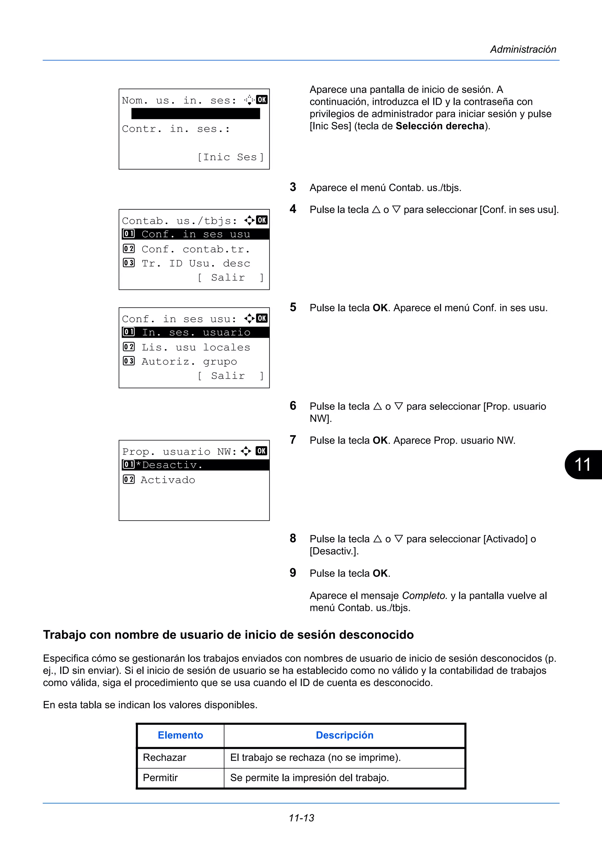 11 
11-13 
Administración 
Aparece una pantalla de inicio de sesión. A 
continuación, introduzca el ID y la contraseña con 
privilegios de administrador para iniciar sesión y pulse 
[Inic Ses] (tecla de Selección derecha). 
3 Aparece el menú Contab. us./tbjs. 
4 Pulse la tecla  o  para seleccionar [Conf. in ses usu]. 
5 Pulse la tecla OK. Aparece el menú Conf. in ses usu. 
6 Pulse la tecla  o  para seleccionar [Prop. usuario 
NW]. 
7 Pulse la tecla OK. Aparece Prop. usuario NW. 
8 Pulse la tecla  o  para seleccionar [Activado] o 
[Desactiv.]. 
9 Pulse la tecla OK. 
Aparece el mensaje Completo. y la pantalla vuelve al 
menú Contab. us./tbjs. 
Nom. us. in. ses: L b 
******************* 
Contr. in. ses.: 
[Inic Ses] 
Contab. us./tbjs: a b 
********************* 
1 Conf. in ses usu 
2 Conf. contab.tr. 
3 Tr. ID Usu. desc 
[ Salir ] 
Conf. in ses usu: a b 
1 ********************* 
In. ses. usuario 
2 Lis. usu locales 
3 Autoriz. grupo 
[ Salir ] 
Prop. usuario NW:a b 
1 ********************* 
*Desactiv. 
2 Activado 
Trabajo con nombre de usuario de inicio de sesión desconocido 
Especifica cómo se gestionarán los trabajos enviados con nombres de usuario de inicio de sesión desconocidos (p. 
ej., ID sin enviar). Si el inicio de sesión de usuario se ha establecido como no válido y la contabilidad de trabajos 
como válida, siga el procedimiento que se usa cuando el ID de cuenta es desconocido. 
En esta tabla se indican los valores disponibles. 
Elemento Descripción 
Rechazar El trabajo se rechaza (no se imprime). 
Permitir Se permite la impresión del trabajo. 
 