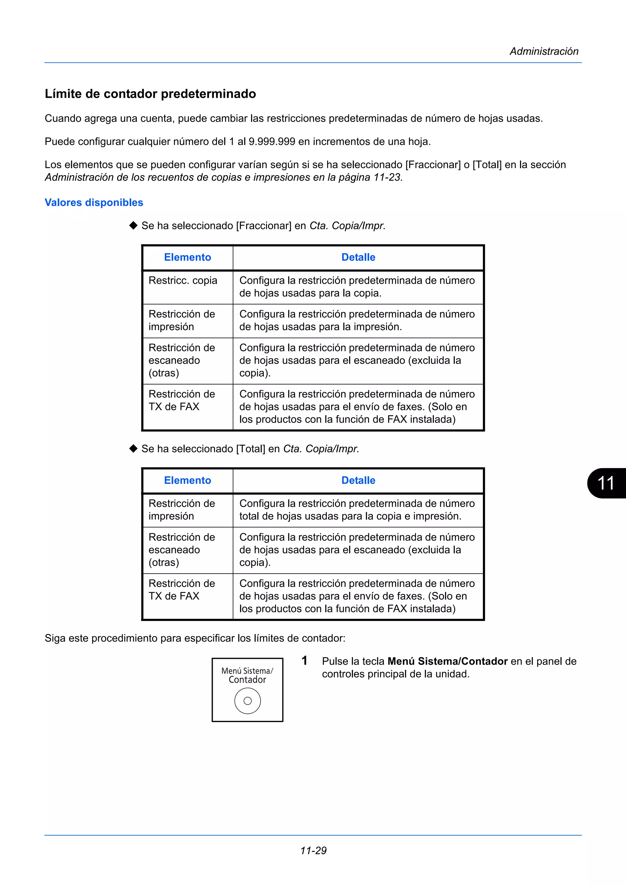 11 
Elemento Detalle 
Restricc. copia Configura la restricción predeterminada de número 
de hojas usadas para la copia. 
11-29 
Administración 
Límite de contador predeterminado 
Cuando agrega una cuenta, puede cambiar las restricciones predeterminadas de número de hojas usadas. 
Puede configurar cualquier número del 1 al 9.999.999 en incrementos de una hoja. 
Los elementos que se pueden configurar varían según si se ha seleccionado [Fraccionar] o [Total] en la sección 
Administración de los recuentos de copias e impresiones en la página 11-23. 
Valores disponibles 
 Se ha seleccionado [Fraccionar] en Cta. Copia/Impr. 
 Se ha seleccionado [Total] en Cta. Copia/Impr. 
Siga este procedimiento para especificar los límites de contador: 
1 Pulse la tecla Menú Sistema/Contador en el panel de 
controles principal de la unidad. 
Restricción de 
impresión 
Configura la restricción predeterminada de número 
de hojas usadas para la impresión. 
Restricción de 
escaneado 
(otras) 
Configura la restricción predeterminada de número 
de hojas usadas para el escaneado (excluida la 
copia). 
Restricción de 
TX de FAX 
Configura la restricción predeterminada de número 
de hojas usadas para el envío de faxes. (Solo en 
los productos con la función de FAX instalada) 
Elemento Detalle 
Restricción de 
impresión 
Configura la restricción predeterminada de número 
total de hojas usadas para la copia e impresión. 
Restricción de 
escaneado 
(otras) 
Configura la restricción predeterminada de número 
de hojas usadas para el escaneado (excluida la 
copia). 
Restricción de 
TX de FAX 
Configura la restricción predeterminada de número 
de hojas usadas para el envío de faxes. (Solo en 
los productos con la función de FAX instalada) 
 