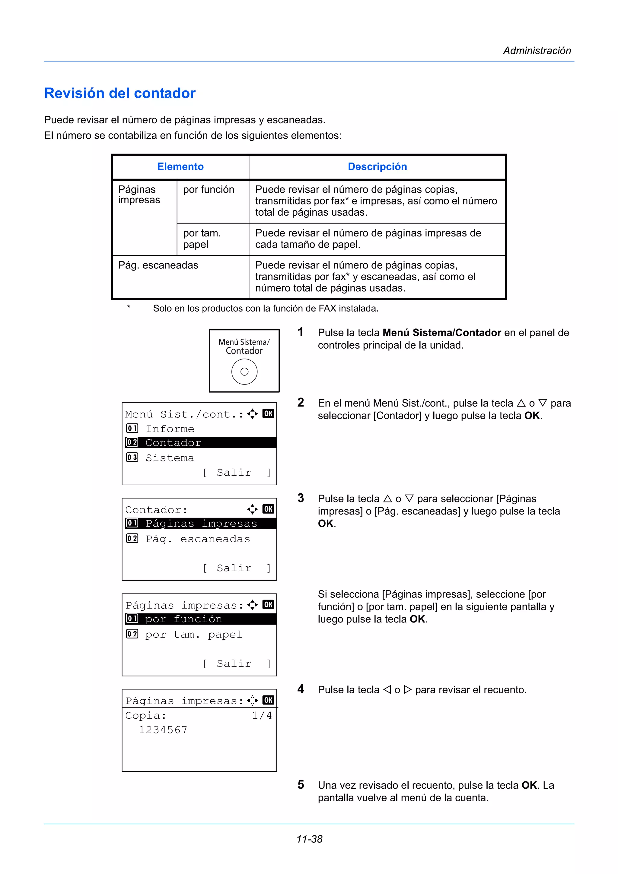 Elemento Descripción 
Puede revisar el número de páginas impresas de 
cada tamaño de papel. 
Pág. escaneadas Puede revisar el número de páginas copias, 
transmitidas por fax* y escaneadas, así como el 
número total de páginas usadas. 
11-38 
Administración 
Revisión del contador 
Puede revisar el número de páginas impresas y escaneadas. 
El número se contabiliza en función de los siguientes elementos: 
1 Pulse la tecla Menú Sistema/Contador en el panel de 
controles principal de la unidad. 
2 En el menú Menú Sist./cont., pulse la tecla  o  para 
seleccionar [Contador] y luego pulse la tecla OK. 
3 Pulse la tecla  o  para seleccionar [Páginas 
impresas] o [Pág. escaneadas] y luego pulse la tecla 
OK. 
Si selecciona [Páginas impresas], seleccione [por 
función] o [por tam. papel] en la siguiente pantalla y 
luego pulse la tecla OK. 
4 Pulse la tecla  o  para revisar el recuento. 
5 Una vez revisado el recuento, pulse la tecla OK. La 
pantalla vuelve al menú de la cuenta. 
Páginas 
impresas 
por función Puede revisar el número de páginas copias, 
transmitidas por fax* e impresas, así como el número 
total de páginas usadas. 
por tam. 
papel 
* Solo en los productos con la función de FAX instalada. 
Menú Sist./cont.:a b 
1 Informe 
2 ********************* 
Contador 
3 Sistema 
[ Salir ] 
Contador: a b 
********************* 
1 Páginas impresas 
2 Pág. escaneadas 
[ Salir ] 
Páginas impresas:a b 
1 ********************* 
por función 
2 por tam. papel 
[ Salir ] 
Páginas impresas:C b 
Copia: 1/4 
1234567 
 