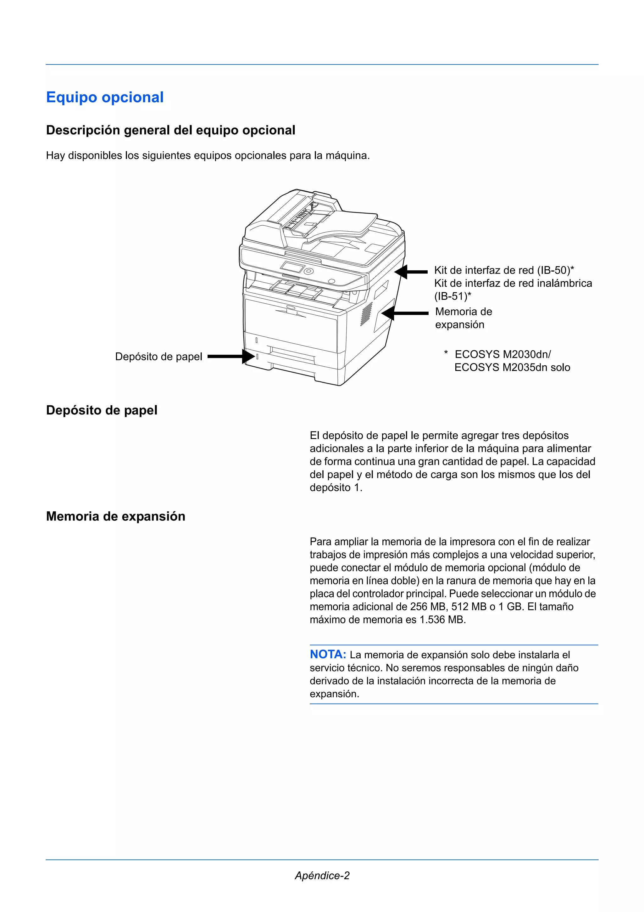 Equipo opcional 
Descripción general del equipo opcional 
Hay disponibles los siguientes equipos opcionales para la máquina. 
Apéndice-2 
Depósito de papel 
Memoria de 
expansión 
El depósito de papel le permite agregar tres depósitos 
adicionales a la parte inferior de la máquina para alimentar 
de forma continua una gran cantidad de papel. La capacidad 
del papel y el método de carga son los mismos que los del 
depósito 1. 
Memoria de expansión 
Para ampliar la memoria de la impresora con el fin de realizar 
trabajos de impresión más complejos a una velocidad superior, 
puede conectar el módulo de memoria opcional (módulo de 
memoria en línea doble) en la ranura de memoria que hay en la 
placa del controlador principal. Puede seleccionar un módulo de 
memoria adicional de 256 MB, 512 MB o 1 GB. El tamaño 
máximo de memoria es 1.536 MB. 
NOTA: La memoria de expansión solo debe instalarla el 
servicio técnico. No seremos responsables de ningún daño 
derivado de la instalación incorrecta de la memoria de 
expansión. 
Depósito de papel 
Kit de interfaz de red (IB-50)* 
Kit de interfaz de red inalámbrica 
(IB-51)* 
* ECOSYS M2030dn/ 
ECOSYS M2035dn solo 
 