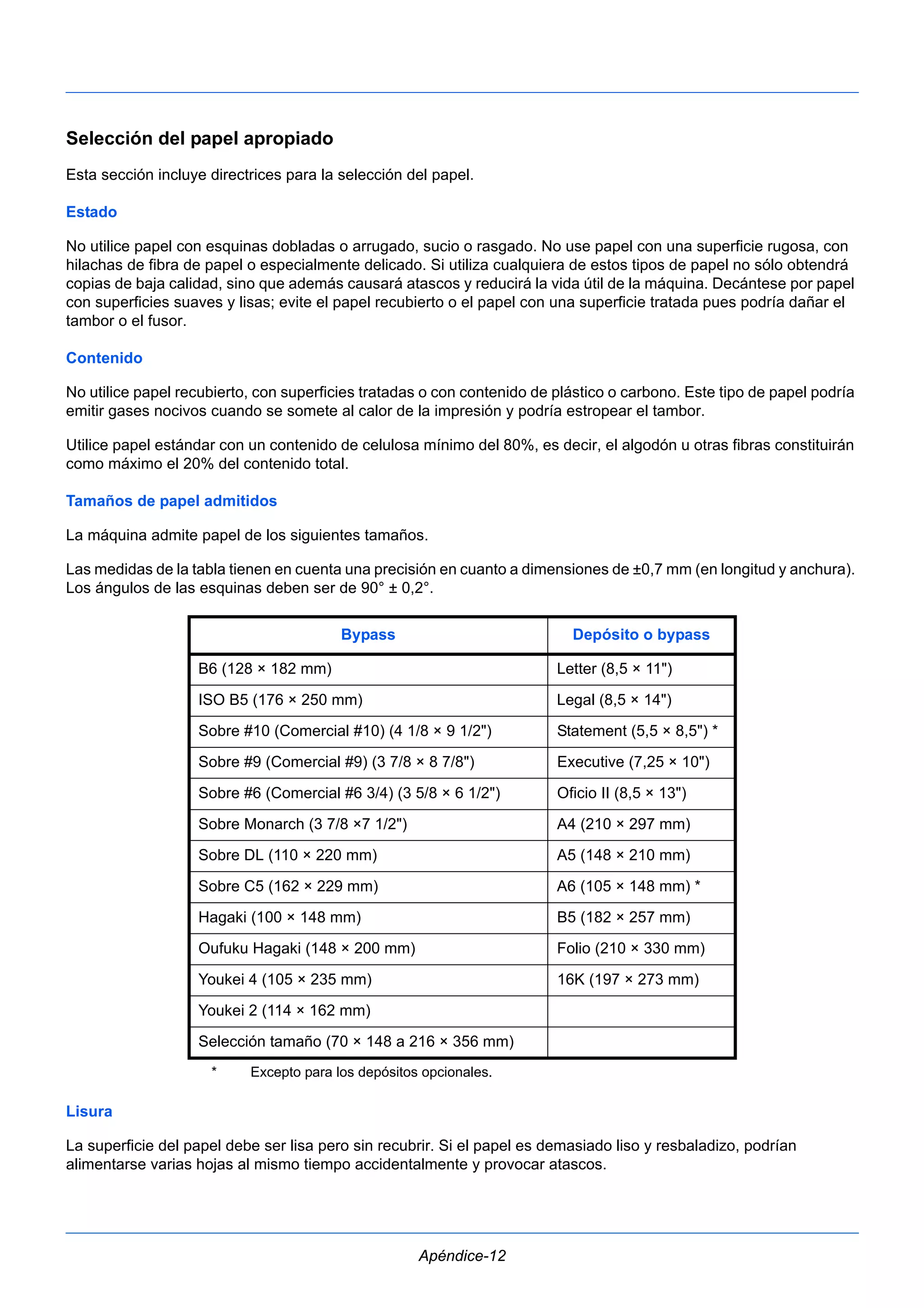 Selección del papel apropiado 
Esta sección incluye directrices para la selección del papel. 
Estado 
No utilice papel con esquinas dobladas o arrugado, sucio o rasgado. No use papel con una superficie rugosa, con 
hilachas de fibra de papel o especialmente delicado. Si utiliza cualquiera de estos tipos de papel no sólo obtendrá 
copias de baja calidad, sino que además causará atascos y reducirá la vida útil de la máquina. Decántese por papel 
con superficies suaves y lisas; evite el papel recubierto o el papel con una superficie tratada pues podría dañar el 
tambor o el fusor. 
Contenido 
No utilice papel recubierto, con superficies tratadas o con contenido de plástico o carbono. Este tipo de papel podría 
emitir gases nocivos cuando se somete al calor de la impresión y podría estropear el tambor. 
Utilice papel estándar con un contenido de celulosa mínimo del 80%, es decir, el algodón u otras fibras constituirán 
como máximo el 20% del contenido total. 
Tamaños de papel admitidos 
La máquina admite papel de los siguientes tamaños. 
Las medidas de la tabla tienen en cuenta una precisión en cuanto a dimensiones de ±0,7 mm (en longitud y anchura). 
Los ángulos de las esquinas deben ser de 90° ± 0,2°. 
Bypass Depósito o bypass 
B6 (128 × 182 mm) Letter (8,5 × 11") 
ISO B5 (176 × 250 mm) Legal (8,5 × 14") 
Sobre #10 (Comercial #10) (4 1/8 × 9 1/2") Statement (5,5 × 8,5") * 
Sobre #9 (Comercial #9) (3 7/8 × 8 7/8") Executive (7,25 × 10") 
Sobre #6 (Comercial #6 3/4) (3 5/8 × 6 1/2") Oficio II (8,5 × 13") 
Sobre Monarch (3 7/8 ×7 1/2") A4 (210 × 297 mm) 
Sobre DL (110 × 220 mm) A5 (148 × 210 mm) 
Sobre C5 (162 × 229 mm) A6 (105 × 148 mm) * 
Hagaki (100 × 148 mm) B5 (182 × 257 mm) 
Oufuku Hagaki (148 × 200 mm) Folio (210 × 330 mm) 
Youkei 4 (105 × 235 mm) 16K (197 × 273 mm) 
Youkei 2 (114 × 162 mm) 
Selección tamaño (70 × 148 a 216 × 356 mm) 
* Excepto para los depósitos opcionales. 
Lisura 
La superficie del papel debe ser lisa pero sin recubrir. Si el papel es demasiado liso y resbaladizo, podrían 
alimentarse varias hojas al mismo tiempo accidentalmente y provocar atascos. 
Apéndice-12 
 