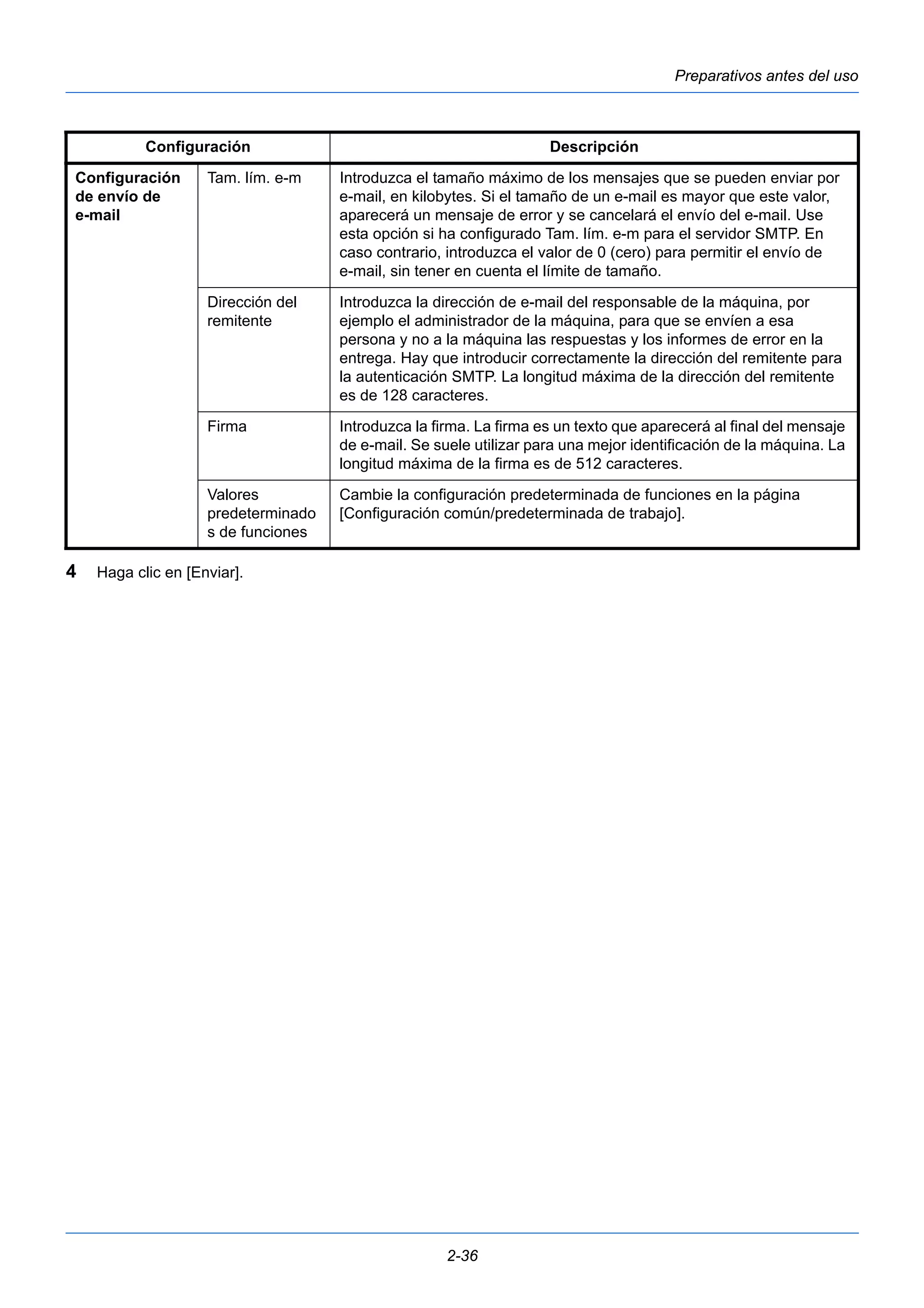 Preparativos antes del uso 
Configuración Descripción 
Tam. lím. e-m Introduzca el tamaño máximo de los mensajes que se pueden enviar por 
2-36 
Configuración 
de envío de 
e-mail 
4 Haga clic en [Enviar]. 
e-mail, en kilobytes. Si el tamaño de un e-mail es mayor que este valor, 
aparecerá un mensaje de error y se cancelará el envío del e-mail. Use 
esta opción si ha configurado Tam. lím. e-m para el servidor SMTP. En 
caso contrario, introduzca el valor de 0 (cero) para permitir el envío de 
e-mail, sin tener en cuenta el límite de tamaño. 
Dirección del 
remitente 
Introduzca la dirección de e-mail del responsable de la máquina, por 
ejemplo el administrador de la máquina, para que se envíen a esa 
persona y no a la máquina las respuestas y los informes de error en la 
entrega. Hay que introducir correctamente la dirección del remitente para 
la autenticación SMTP. La longitud máxima de la dirección del remitente 
es de 128 caracteres. 
Firma Introduzca la firma. La firma es un texto que aparecerá al final del mensaje 
de e-mail. Se suele utilizar para una mejor identificación de la máquina. La 
longitud máxima de la firma es de 512 caracteres. 
Valores 
predeterminado 
s de funciones 
Cambie la configuración predeterminada de funciones en la página 
[Configuración común/predeterminada de trabajo]. 
 