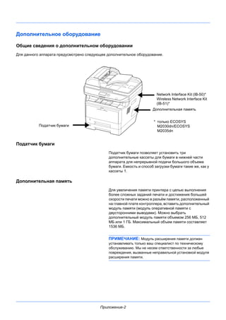 Приложение-2
Дополнительное оборудование
Общие сведения о дополнительном оборудовании
Для данного аппарата предусмотрено следующее дополнительное оборудование.
Податчик бумаги
Податчик бумаги позволяет установить три
дополнительные кассеты для бумаги в нижней части
аппарата для непрерывной подачи большого объема
бумаги. Емкость и способ загрузки бумаги такие же, как у
кассеты 1.
Дополнительная память
Для увеличения памяти принтера с целью выполнения
более сложных заданий печати и достижения большей
скорости печати можно в разъём памяти, расположенный
на главной плате контроллера, вставить дополнительный
модуль памяти (модуль оперативной памяти с
двусторонними выводами). Можно выбрать
дополнительный модуль памяти объемом 256 МБ, 512
МБ или 1 ГБ. Максимальный объем памяти составляет
1536 МБ.
ПРИМЕЧАНИЕ: Модуль расширения памяти должен
устанавливать только ваш специалист по техническому
обслуживанию. Мы не несем ответственности за любые
повреждения, вызванные неправильной установкой модуля
расширения памяти.
Дополнительная память
Податчик бумаги
Network Interface Kit (IB-50)*
Wireless Network Interface Kit
(IB-51)*
* только ECOSYS
M2030dn/ECOSYS
M2035dn
 