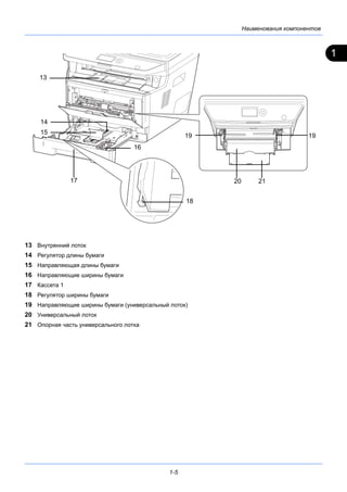 1
Наименования компонентов
1-5
13 Внутренний лоток
14 Регулятор длины бумаги
15 Направляющая длины бумаги
16 Направляющие ширины бумаги
17 Кассета 1
18 Регулятор ширины бумаги
19 Направляющие ширины бумаги (универсальный лоток)
20 Универсальный лоток
21 Опорная часть универсального лотка
14
15
17
16
19
20 21
19
13
18
 