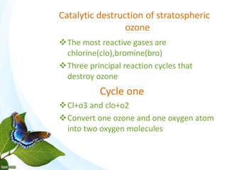 Catalytic destruction of stratospheric
ozone
The most reactive gases are
chlorine(clo),bromine(bro)
Three principal reaction cycles that
destroy ozone
Cycle one
Cl+o3 and clo+o2
Convert one ozone and one oxygen atom
into two oxygen molecules
 
