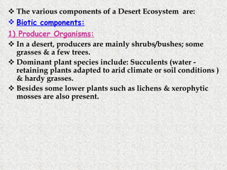 The various components of a Desert Ecosystem  are: Biotic components:   1) Producer Organisms: In a desert, producers are mainly shrubs/bushes; some grasses & a few trees. Dominant plant species include: Succulents (water - retaining plants adapted to arid climate or soil conditions ) & hardy grasses. Besides some lower plants such as lichens & xerophytic mosses are also present. 