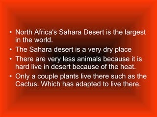North Africa's Sahara Desert is the largest in the world.  The Sahara desert is a very dry place  There are very less animals because it is hard live in desert because of the heat. Only a couple plants live there such as the Cactus. Which has adapted to live there. 