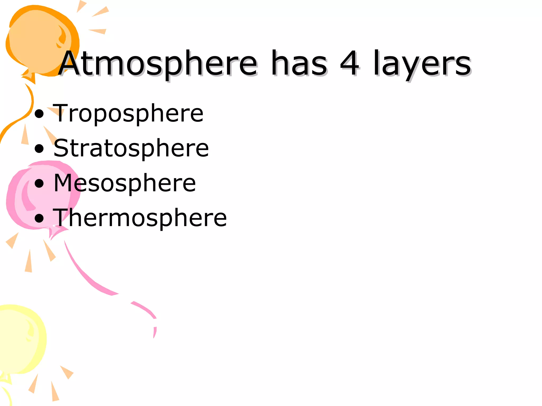 Atmosphere has 4 layers
• Troposphere
• Stratosphere
• Mesosphere
• Thermosphere
 