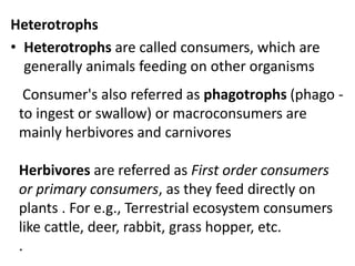 Heterotrophs
• Heterotrophs are called consumers, which are
generally animals feeding on other organisms
Consumer's also referred as phagotrophs (phago -
to ingest or swallow) or macroconsumers are
mainly herbivores and carnivores
Herbivores are referred as First order consumers
or primary consumers, as they feed directly on
plants . For e.g., Terrestrial ecosystem consumers
like cattle, deer, rabbit, grass hopper, etc.
.
 