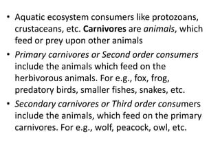 • Aquatic ecosystem consumers like protozoans,
crustaceans, etc. Carnivores are animals, which
feed or prey upon other animals
• Primary carnivores or Second order consumers
include the animals which feed on the
herbivorous animals. For e.g., fox, frog,
predatory birds, smaller fishes, snakes, etc.
• Secondary carnivores or Third order consumers
include the animals, which feed on the primary
carnivores. For e.g., wolf, peacock, owl, etc.
 