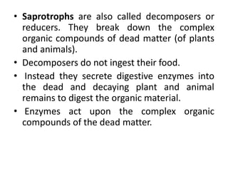 • Saprotrophs are also called decomposers or
reducers. They break down the complex
organic compounds of dead matter (of plants
and animals).
• Decomposers do not ingest their food.
• Instead they secrete digestive enzymes into
the dead and decaying plant and animal
remains to digest the organic material.
• Enzymes act upon the complex organic
compounds of the dead matter.
 