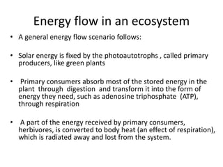 Energy flow in an ecosystem
• A general energy flow scenario follows:
• Solar energy is fixed by the photoautotrophs , called primary
producers, like green plants
• Primary consumers absorb most of the stored energy in the
plant through digestion and transform it into the form of
energy they need, such as adenosine triphosphate (ATP),
through respiration
• A part of the energy received by primary consumers,
herbivores, is converted to body heat (an effect of respiration),
which is radiated away and lost from the system.
 