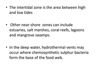• The intertidal zone is the area between high
and low tides
• Other near-shore zones can include
estuaries, salt marshes, coral reefs, lagoons
and mangrove swamps.
• In the deep water, hydrothermal vents may
occur where chemosynthetic sulphur bacteria
form the base of the food web.
 