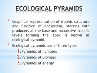 * Graphical representation of trophic structure 
and function of ecosystem, starting with 
producers at the base and successive trophic 
levels forming the apex is known as 
ecological pyramid. 
* Ecological pyramids are of three types: 
1.Pyramids of numbers 
2.Pyramids of Biomass 
3.Pyramids of energy 
 