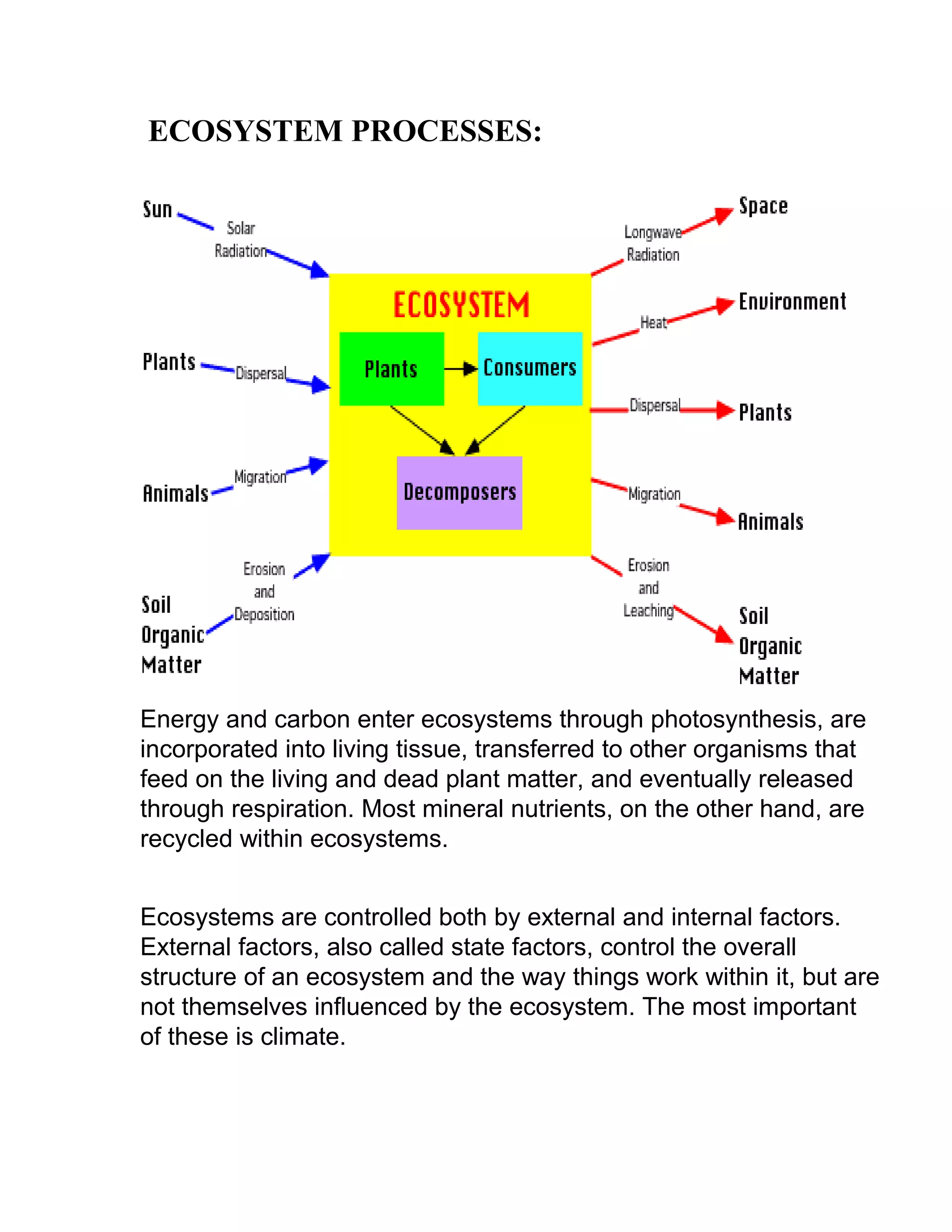 ECOSYSTEM PROCESSES:
Energy and carbon enter ecosystems through photosynthesis, are
incorporated into living tissue, transferred to other organisms that
feed on the living and dead plant matter, and eventually released
through respiration. Most mineral nutrients, on the other hand, are
recycled within ecosystems.
Ecosystems are controlled both by external and internal factors.
External factors, also called state factors, control the overall
structure of an ecosystem and the way things work within it, but are
not themselves influenced by the ecosystem. The most important
of these is climate.
 