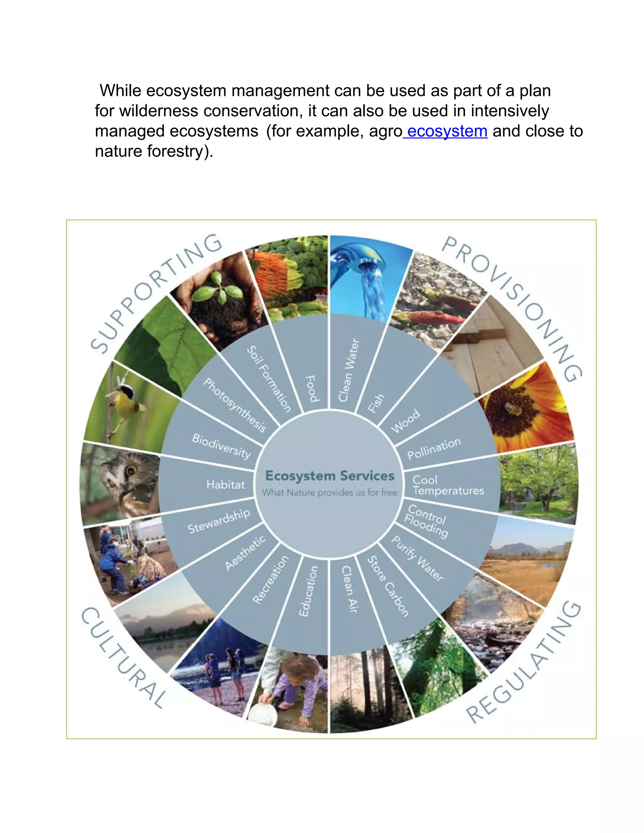 While ecosystem management can be used as part of a plan
for wilderness conservation, it can also be used in intensively
managed ecosystems (for example, agro ecosystem and close to
nature forestry).
 