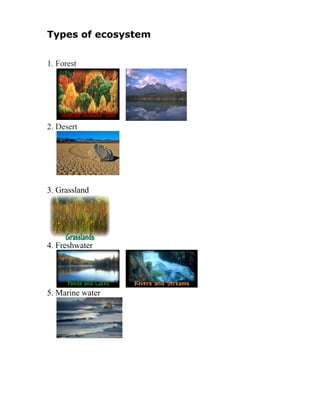 Types of ecosystem
1. Forest
2. Desert
3. Grassland
4. Freshwater
5. Marine water
 