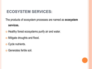 ECOSYSTEM SERVICES:
The products of ecosystem processes are named as ecosystem
services.
 Healthy forest ecosystems purify air and water.
 Mitigate droughts and flood.
 Cycle nutrients.
 Generates fertile soil.
 