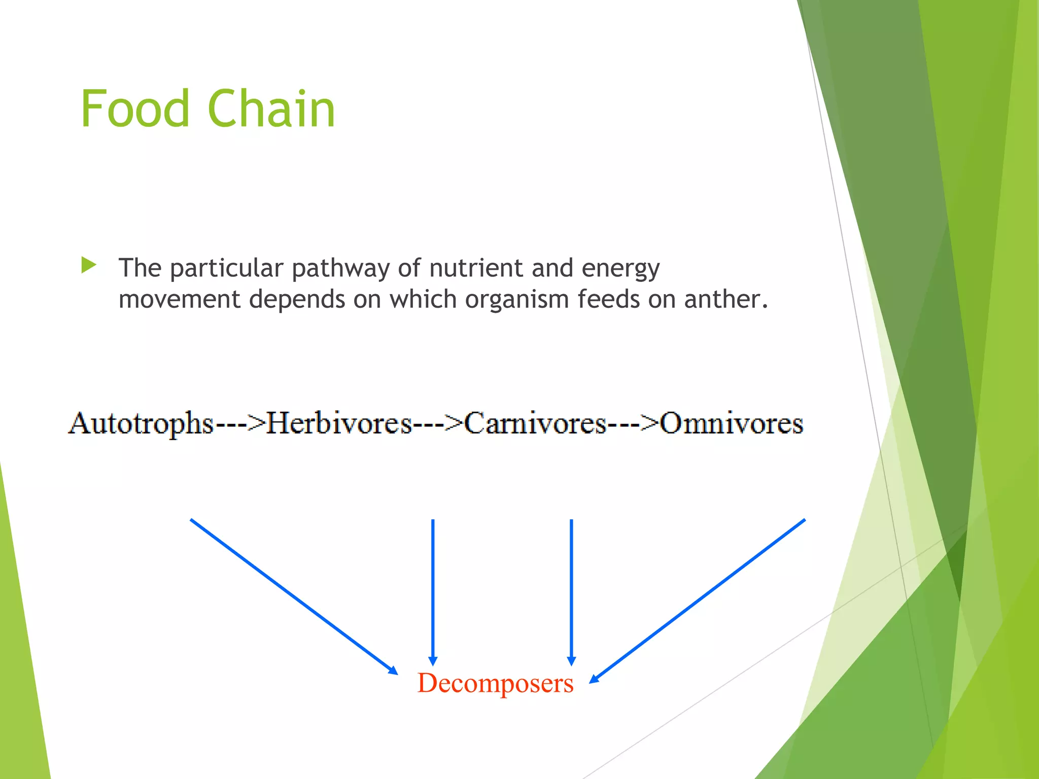 Food Chain
 The particular pathway of nutrient and energy
movement depends on which organism feeds on anther.
Decomposers
 