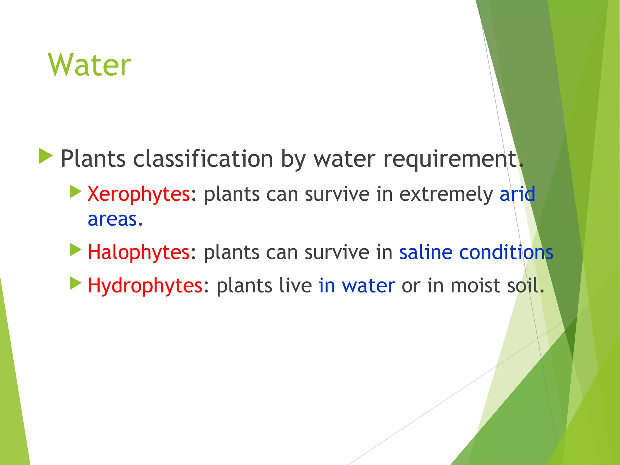 Water
 Plants classification by water requirement.
 Xerophytes: plants can survive in extremely arid
areas.
 Halophytes: plants can survive in saline conditions
 Hydrophytes: plants live in water or in moist soil.
 
