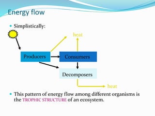 Energy flow
 Simplistically:
 This pattern of energy flow among different organisms is
the TROPHIC STRUCTURE of an ecosystem.
heat
Producers Consumers
Decomposers
heat
 