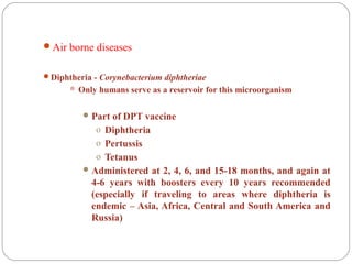 Air borne diseases
Diphtheria - Corynebacterium diphtheriae
 Only humans serve as a reservoir for this microorganism
Part of DPT vaccine
o Diphtheria
o Pertussis
o Tetanus
Administered at 2, 4, 6, and 15-18 months, and again at
4-6 years with boosters every 10 years recommended
(especially if traveling to areas where diphtheria is
endemic – Asia, Africa, Central and South America and
Russia)
 