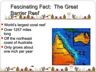 World’s largest coral reefWorld’s largest coral reef
Over 1257 milesOver 1257 miles
longlong
Off the northeastOff the northeast
coast of Australiacoast of Australia
Only grows aboutOnly grows about
one inch per yearone inch per year
Fascinating Fact: The GreatFascinating Fact: The Great
Barrier ReefBarrier Reef
 