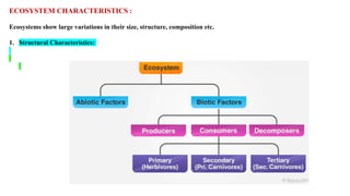 ECOSYSTEM CHARACTERISTICS :
Ecosystems show large variations in their size, structure, composition etc.
1. Structural Characteristics:
 