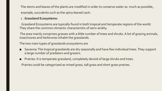 The stems and leaves of the plants are modified in order to conserve water as much as possible,.
example, succulents such as the spiny leaved cacti.
c . Grassland Ecosystems:
Grassland Ecosystems are typically found in both tropical and temperate regions of the world.
They share the common climactic characteristic of semi-aridity.
The area mainly comprises grasses with a little number of trees and shrubs. A lot of grazing animals,
insectivores and herbivores inhabit the grasslands.
The two main types of grasslands ecosystems are
■ Savanna:The tropical grasslands are dry seasonally and have few individual trees.They support
a large number of predators and grazers.
■ Prairies: It is temperate grassland, completely devoid of large shrubs and trees.
Prairies could be categorized as mixed grass, tall grass and short grass prairies.
 