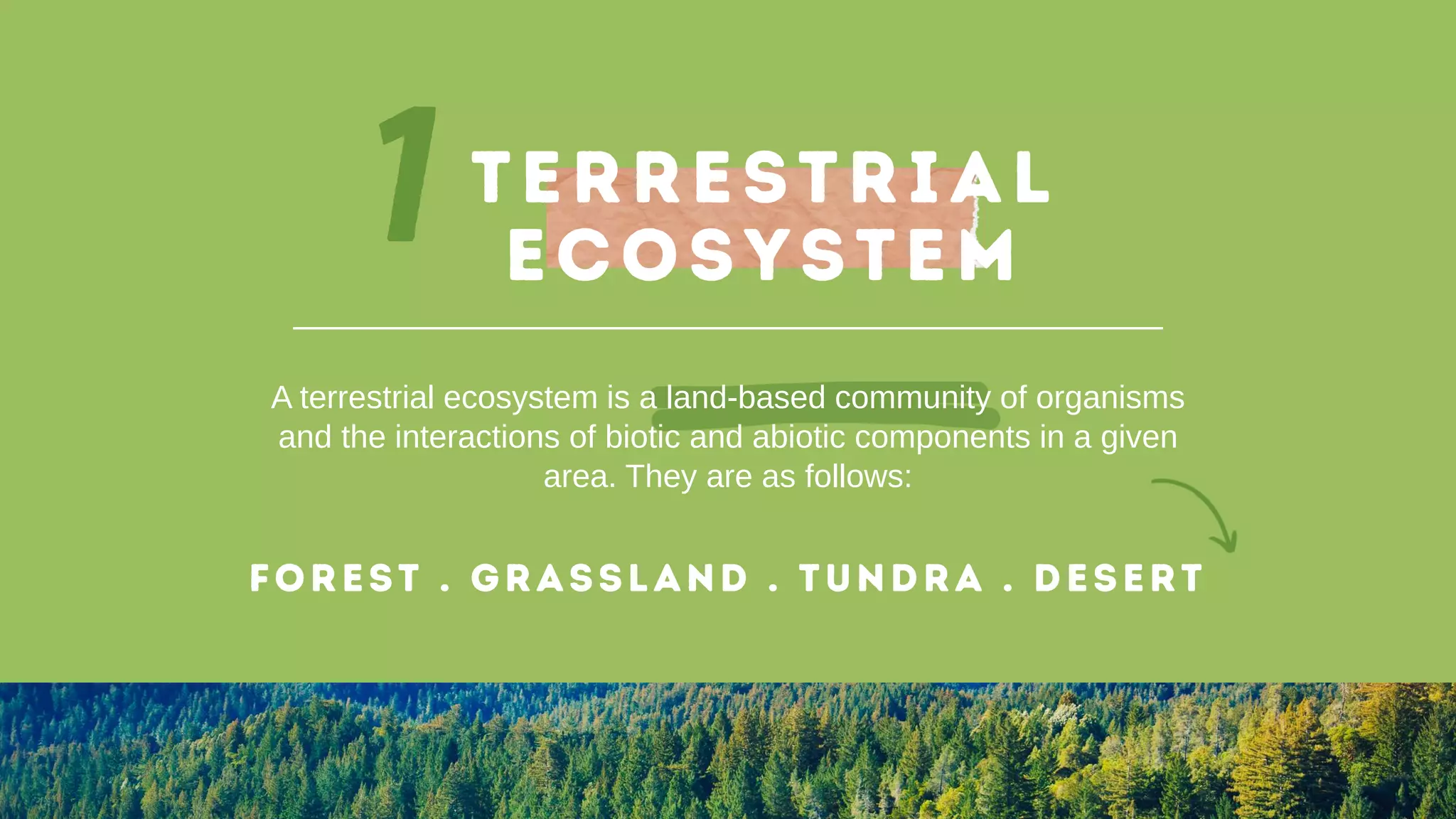 A terrestrial ecosystem is a land-based community of organisms
and the interactions of biotic and abiotic components in a given
area. They are as follows:
 