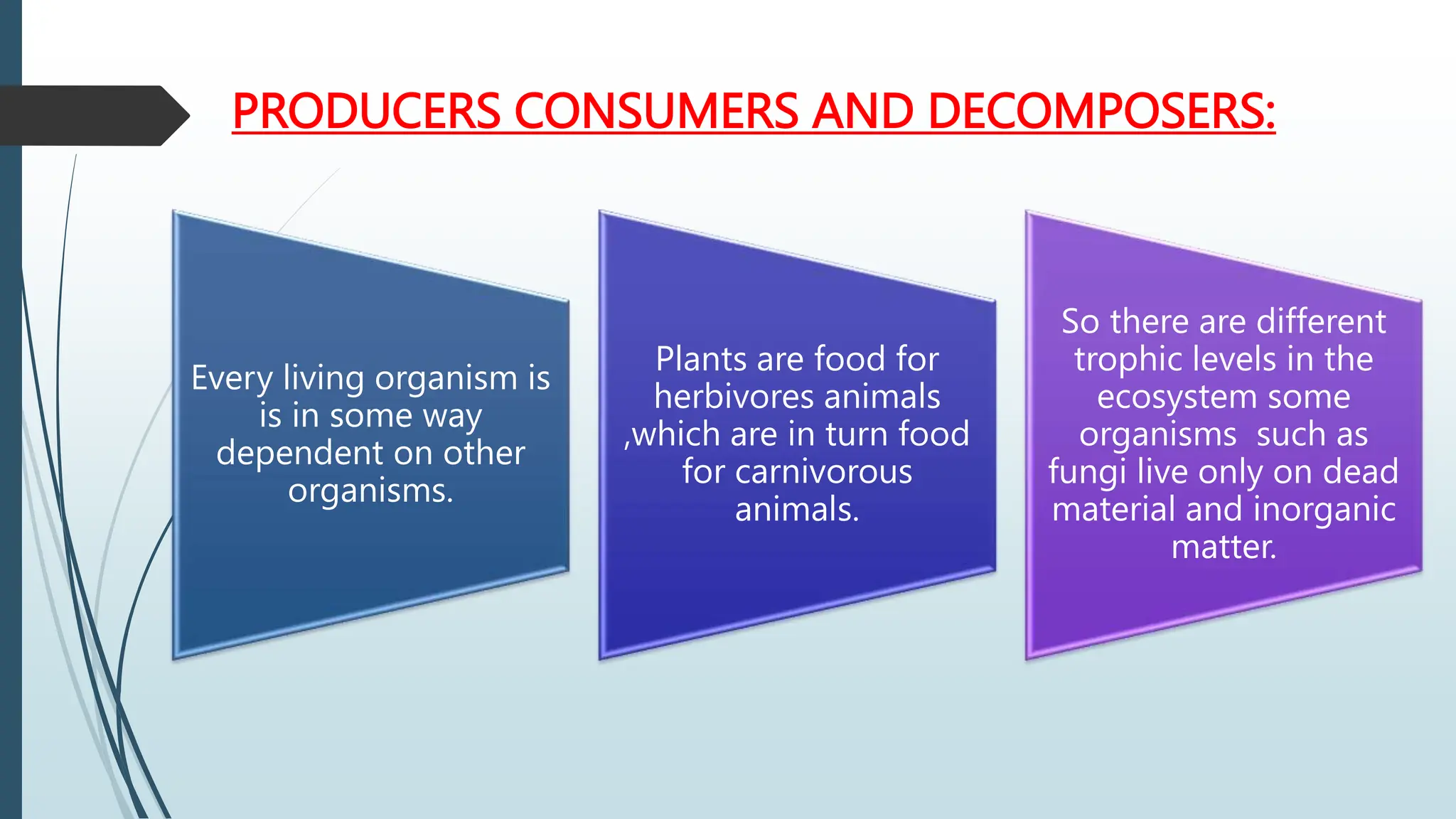 PRODUCERS CONSUMERS AND DECOMPOSERS:
Every living organism is
is in some way
dependent on other
organisms.
Plants are food for
herbivores animals
,which are in turn food
for carnivorous
animals.
So there are different
trophic levels in the
ecosystem some
organisms such as
fungi live only on dead
material and inorganic
matter.
 